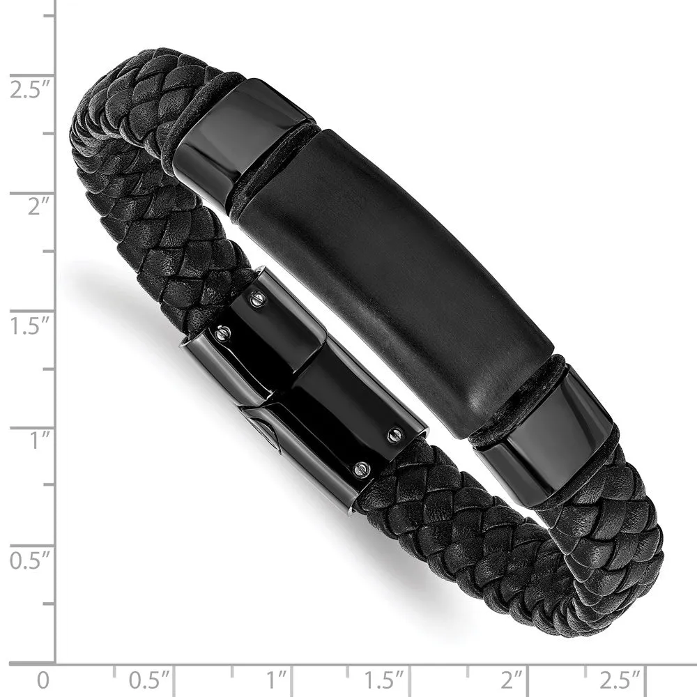 10mm Black Plated Stainless Steel Black Leather I.D. Bracelet, 8.25 In