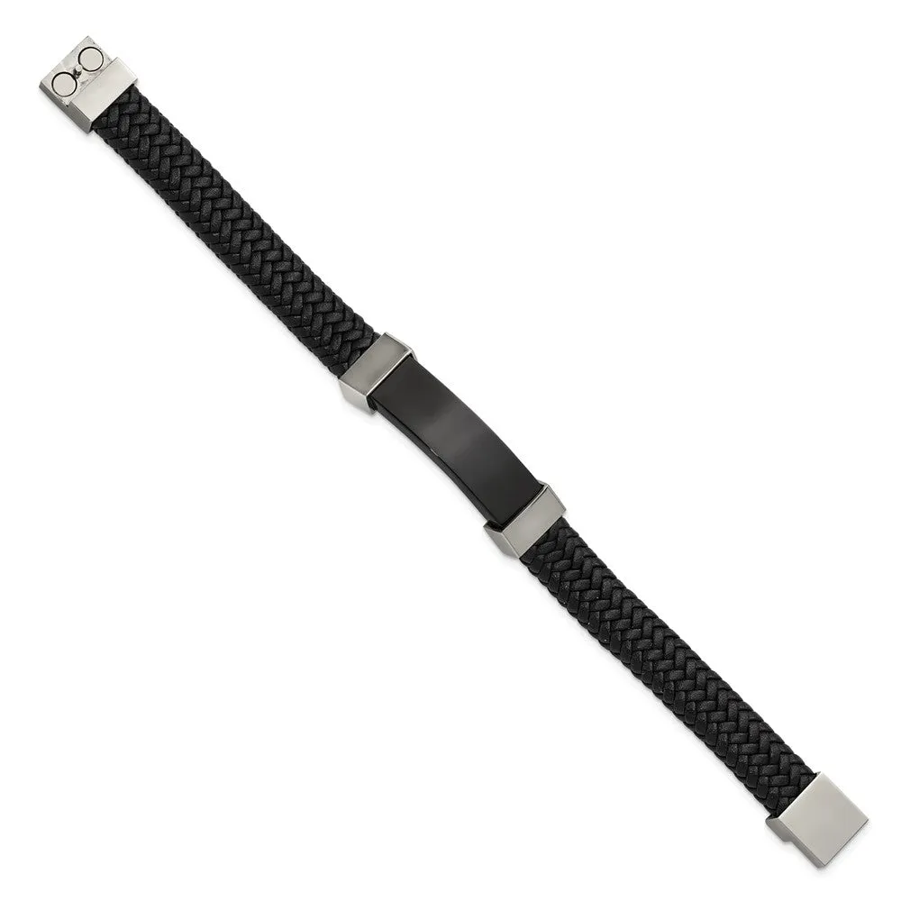 13mm Two Tone Stainless Steel & Black Leather I.D. Bracelet, 8.5 Inch