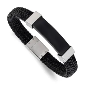 13mm Two Tone Stainless Steel & Black Leather I.D. Bracelet, 8.5 Inch