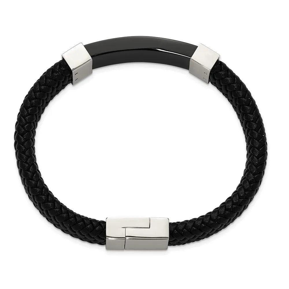 13mm Two Tone Stainless Steel & Black Leather I.D. Bracelet, 8.5 Inch