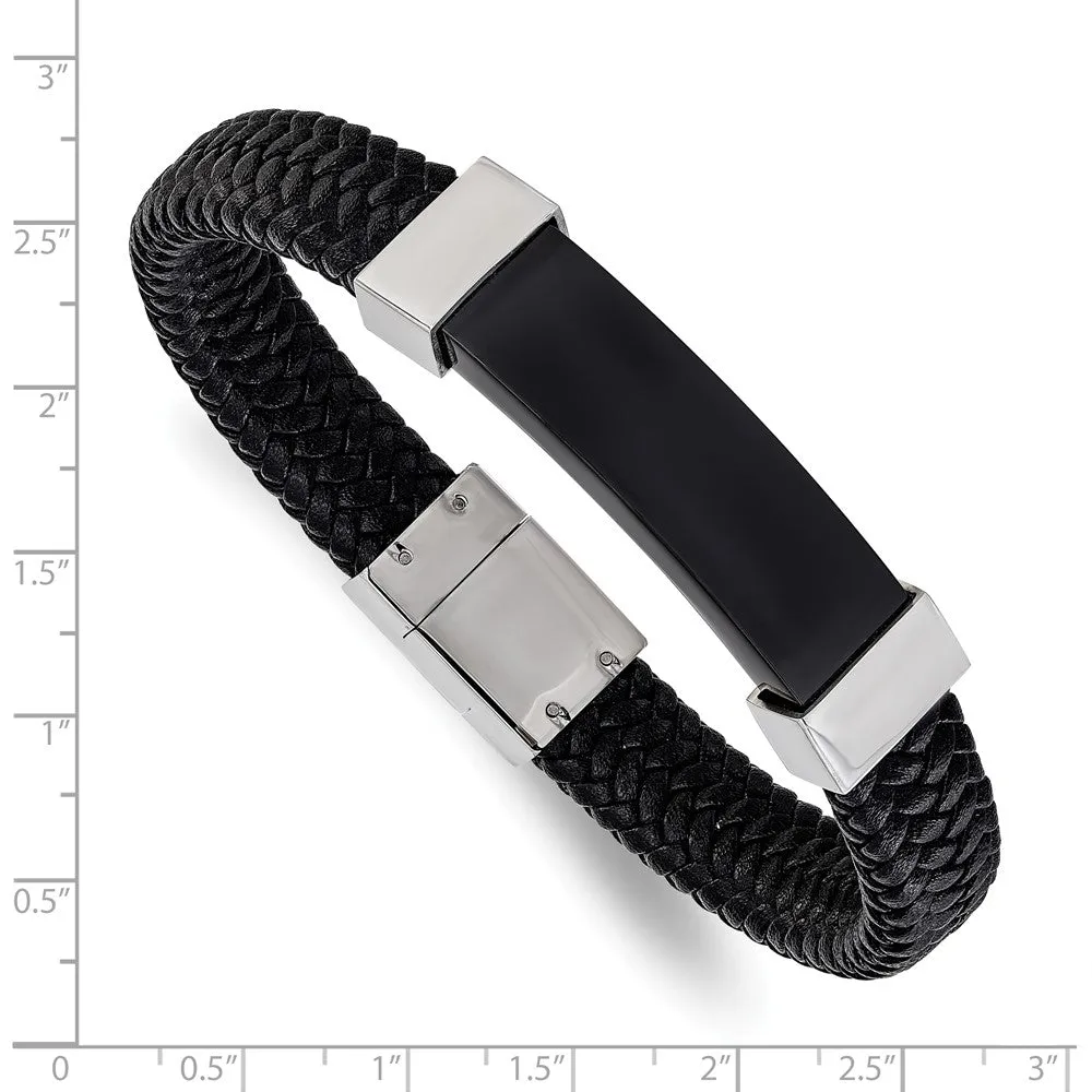 13mm Two Tone Stainless Steel & Black Leather I.D. Bracelet, 8.5 Inch