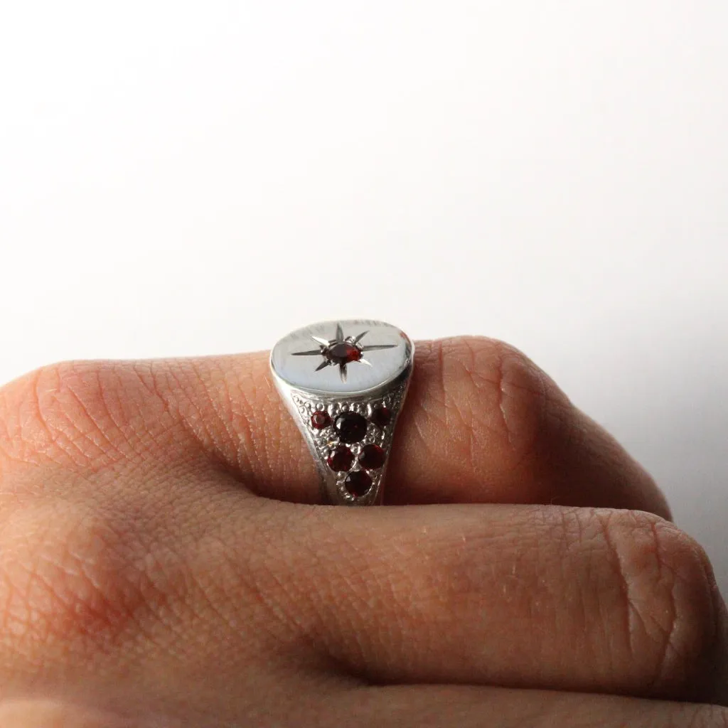 14k White Gold Signet with Garnets