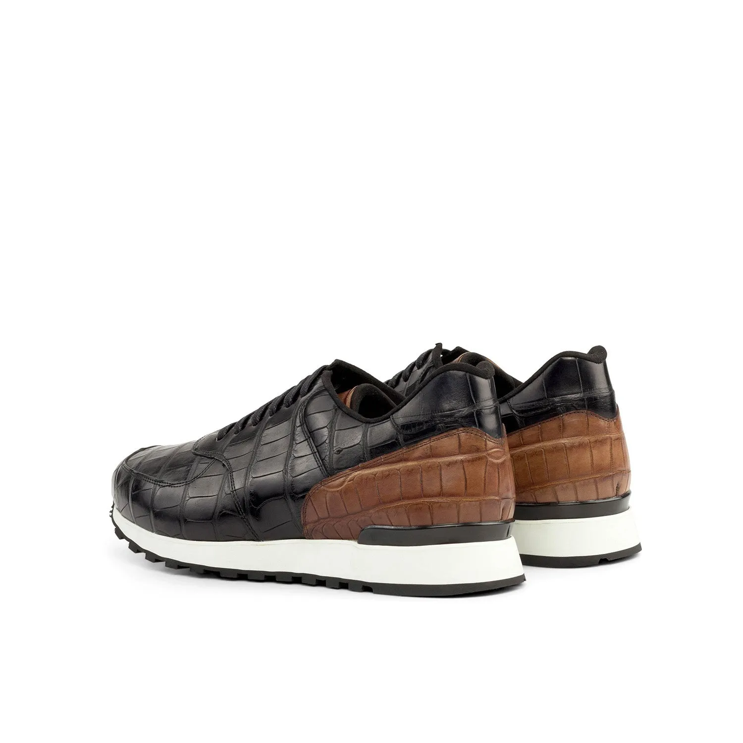 Ambrogio Bespoke Men's Shoes Black & Brown Exotic Alligator Casual Jogger Sneakers (AMB2284)