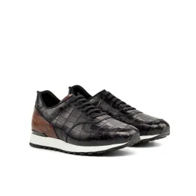 Ambrogio Bespoke Men's Shoes Black & Brown Exotic Alligator Casual Jogger Sneakers (AMB2284)