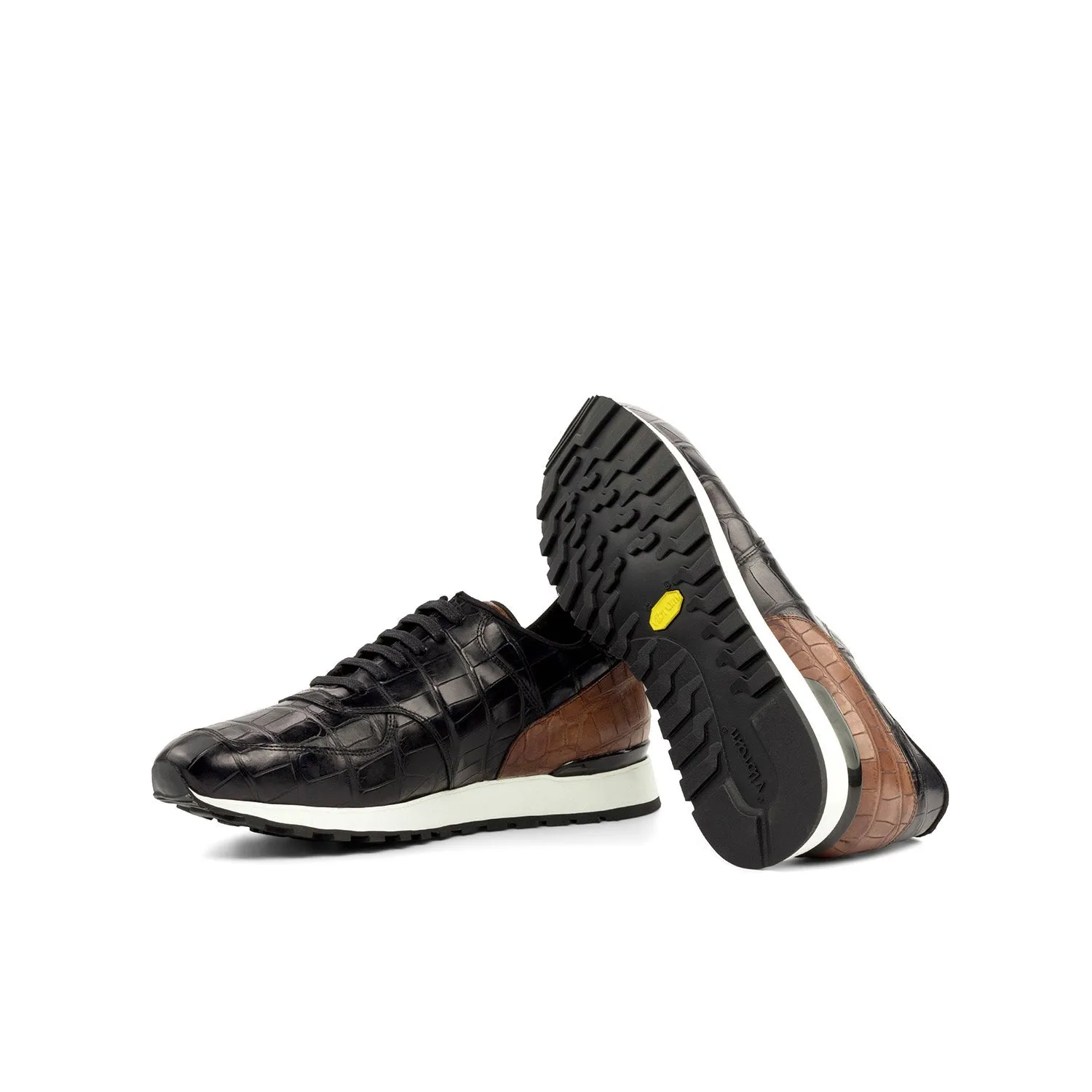 Ambrogio Bespoke Men's Shoes Black & Brown Exotic Alligator Casual Jogger Sneakers (AMB2284)