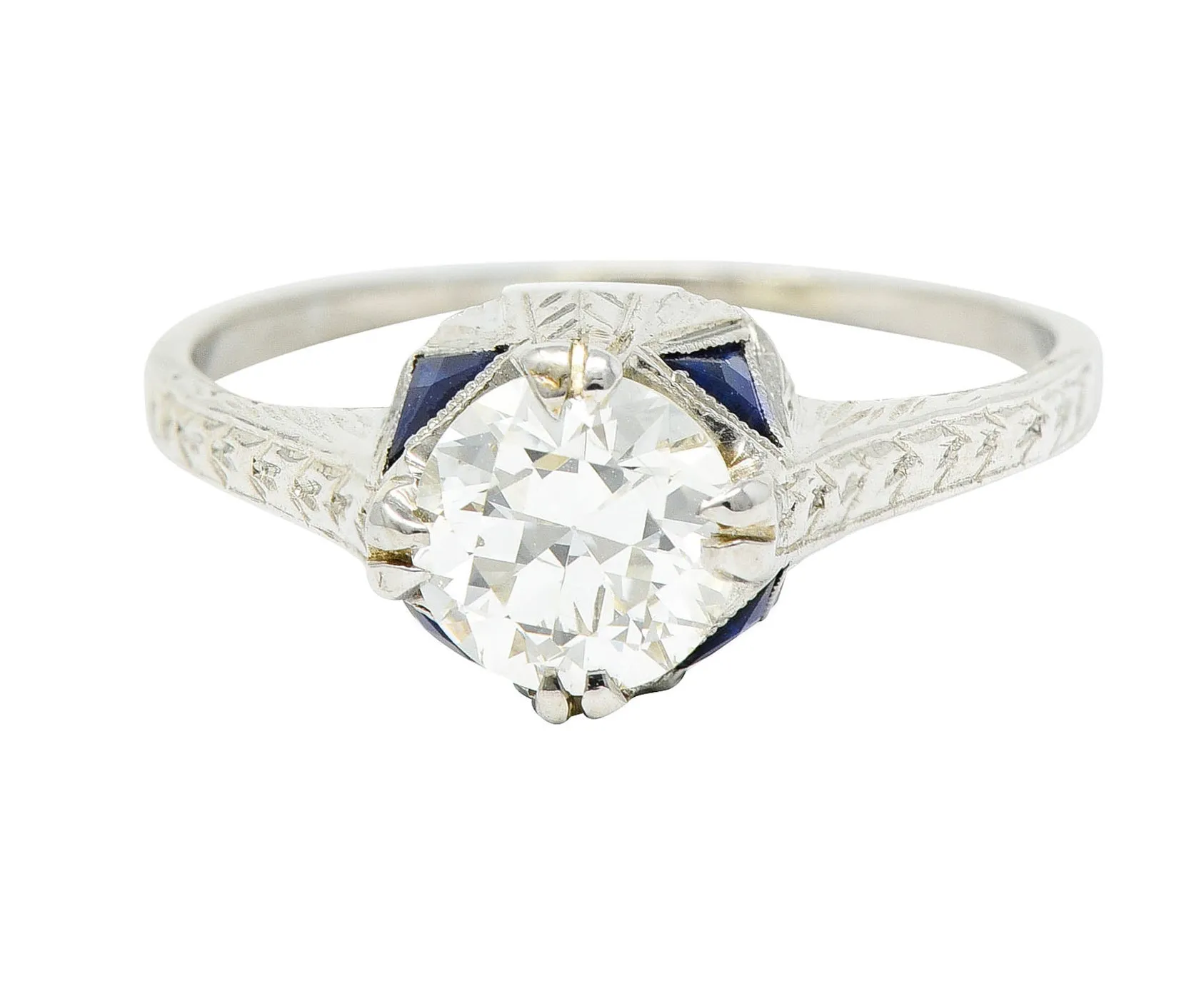 Art Deco 0.75 CTW Diamond Sapphire 18 White Gold Engagement Ring