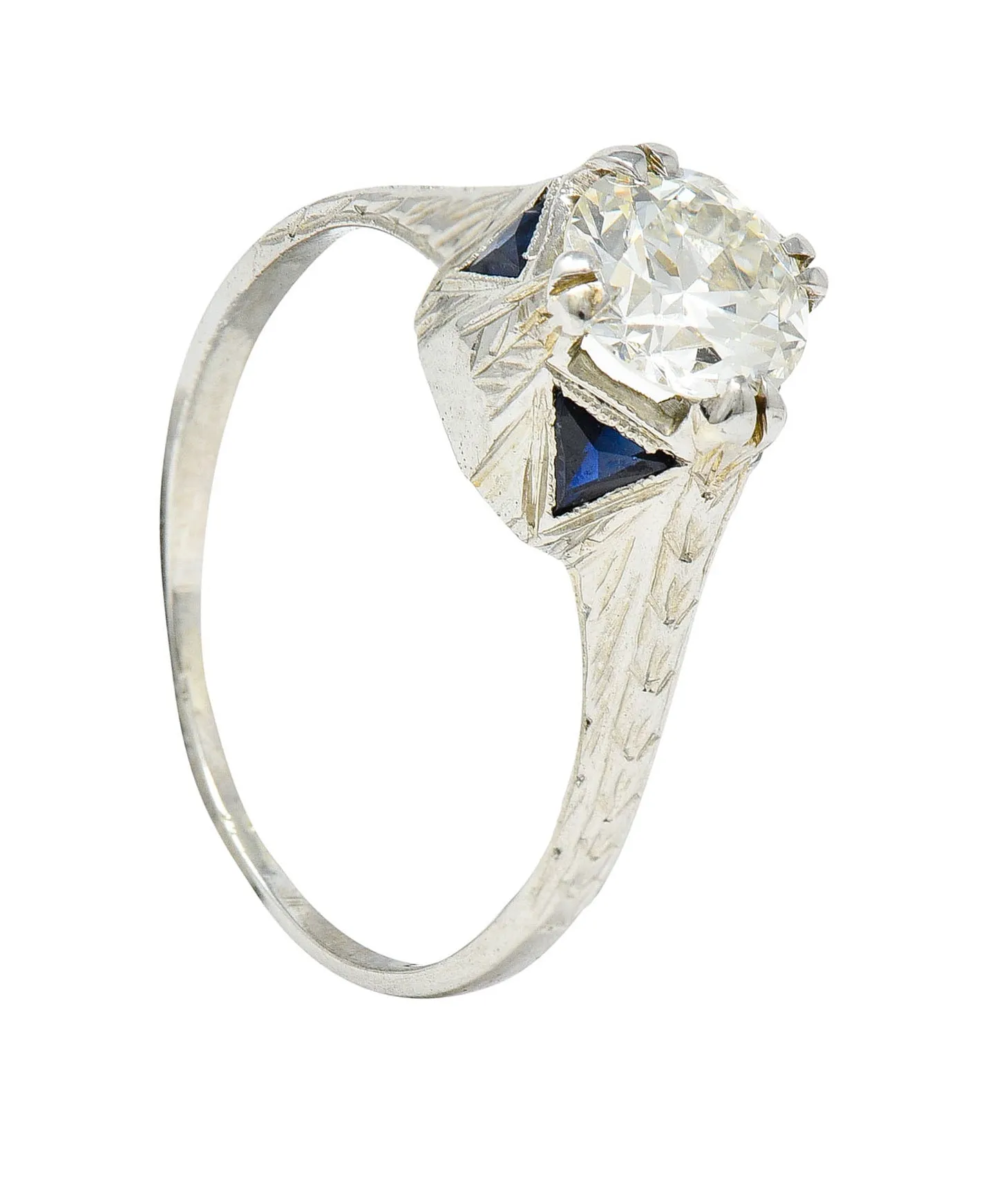 Art Deco 0.75 CTW Diamond Sapphire 18 White Gold Engagement Ring