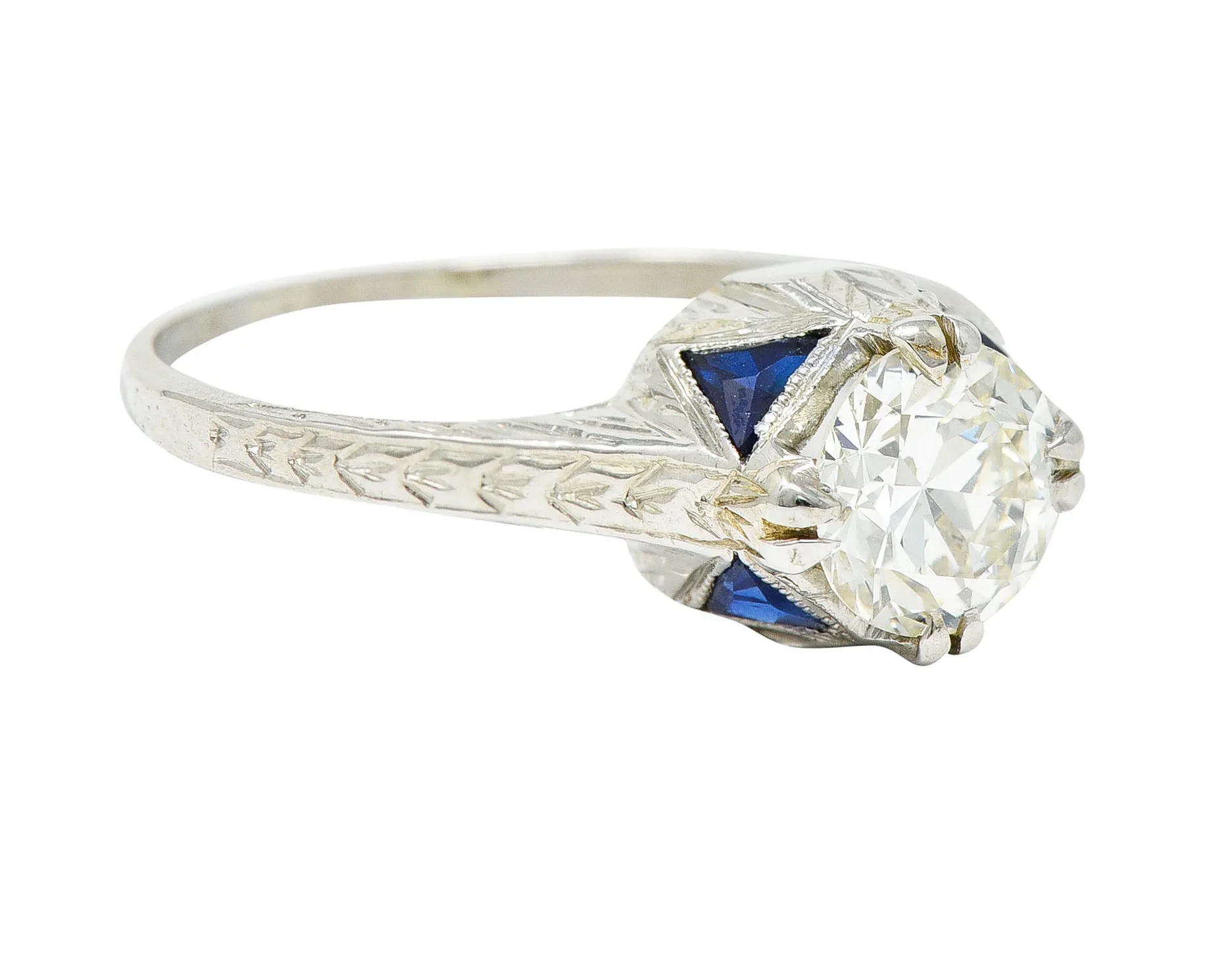 Art Deco 0.75 CTW Diamond Sapphire 18 White Gold Engagement Ring