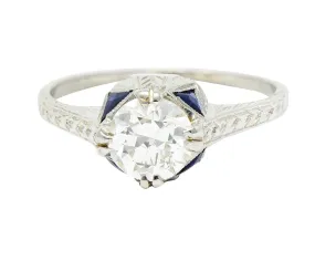 Art Deco 0.75 CTW Diamond Sapphire 18 White Gold Engagement Ring