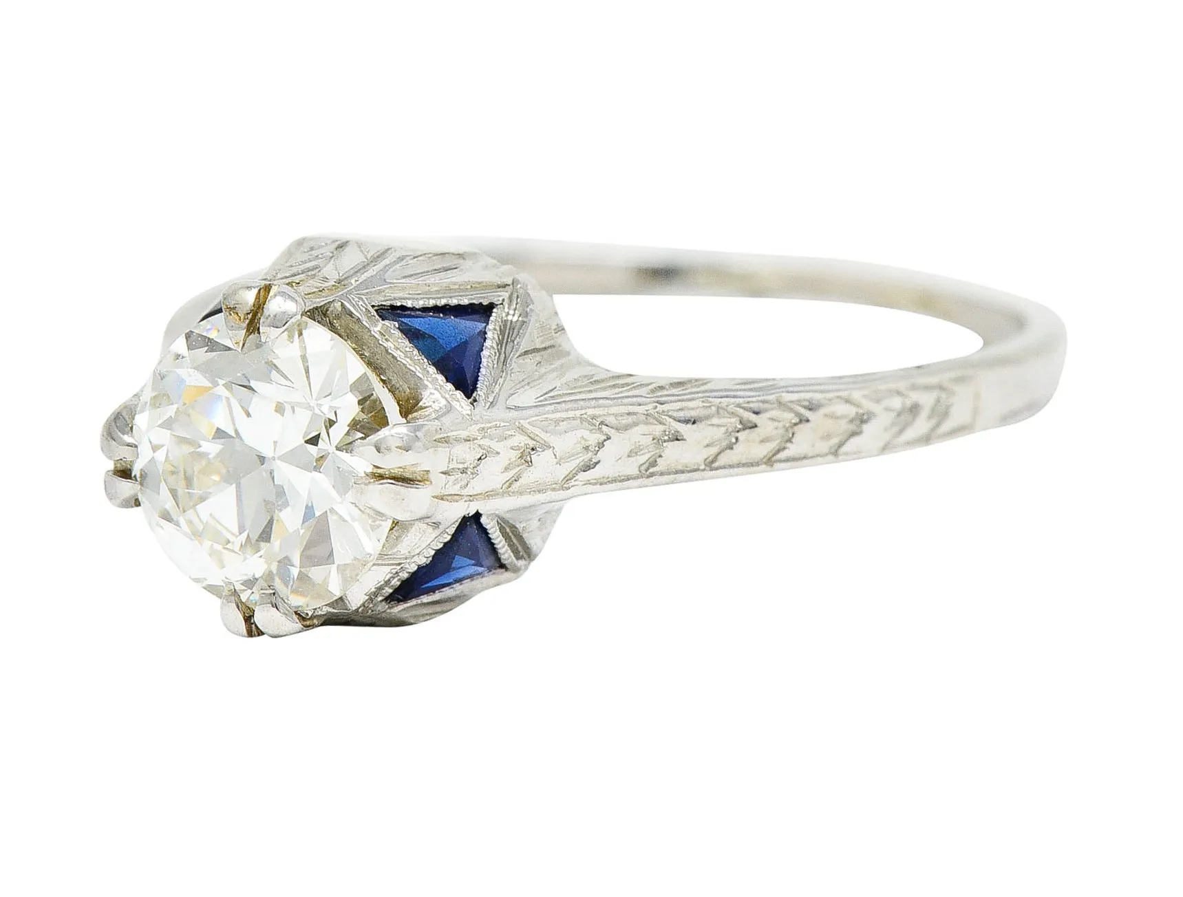 Art Deco 0.75 CTW Diamond Sapphire 18 White Gold Engagement Ring