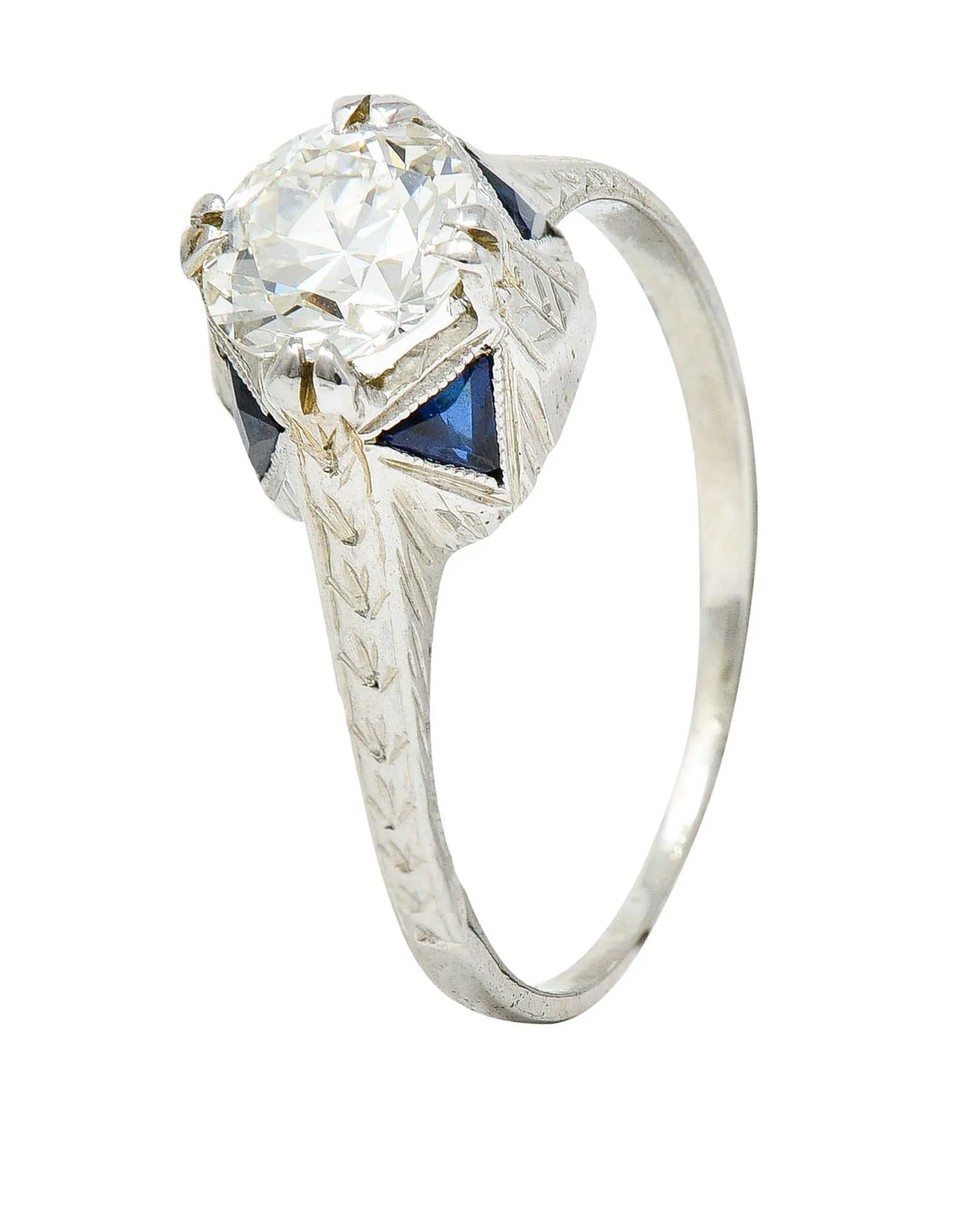 Art Deco 0.75 CTW Diamond Sapphire 18 White Gold Engagement Ring