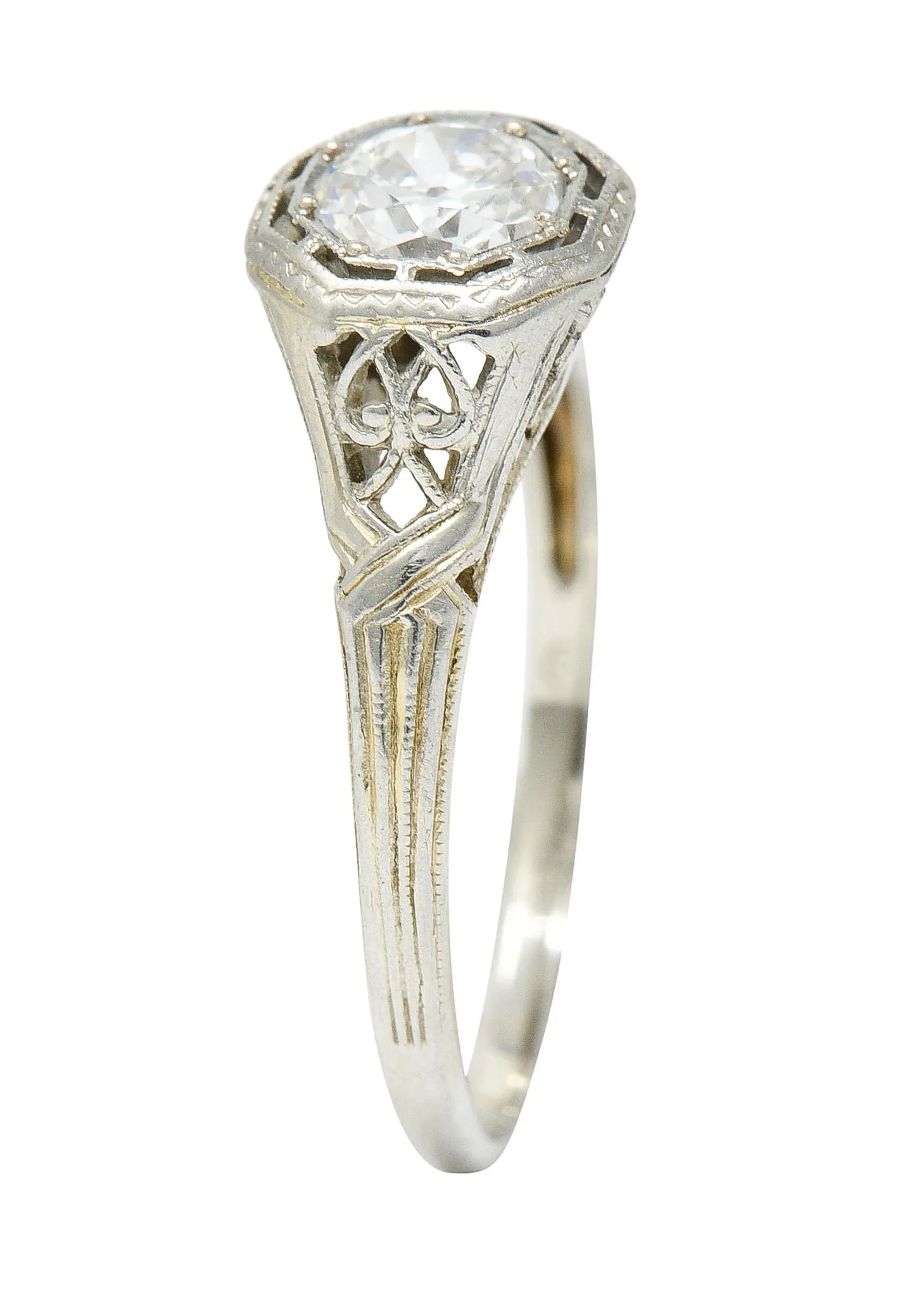 Art Deco Old European Diamond 18 Karat White Gold Heart Engagement Ring