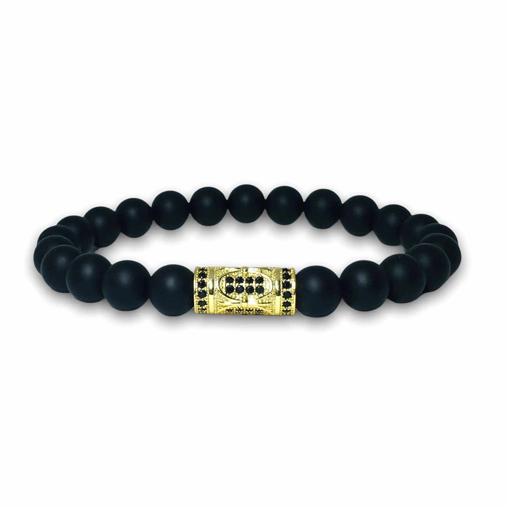 Black Matte Onyx Stone Bracelet with Gold Design, Black Zirconia