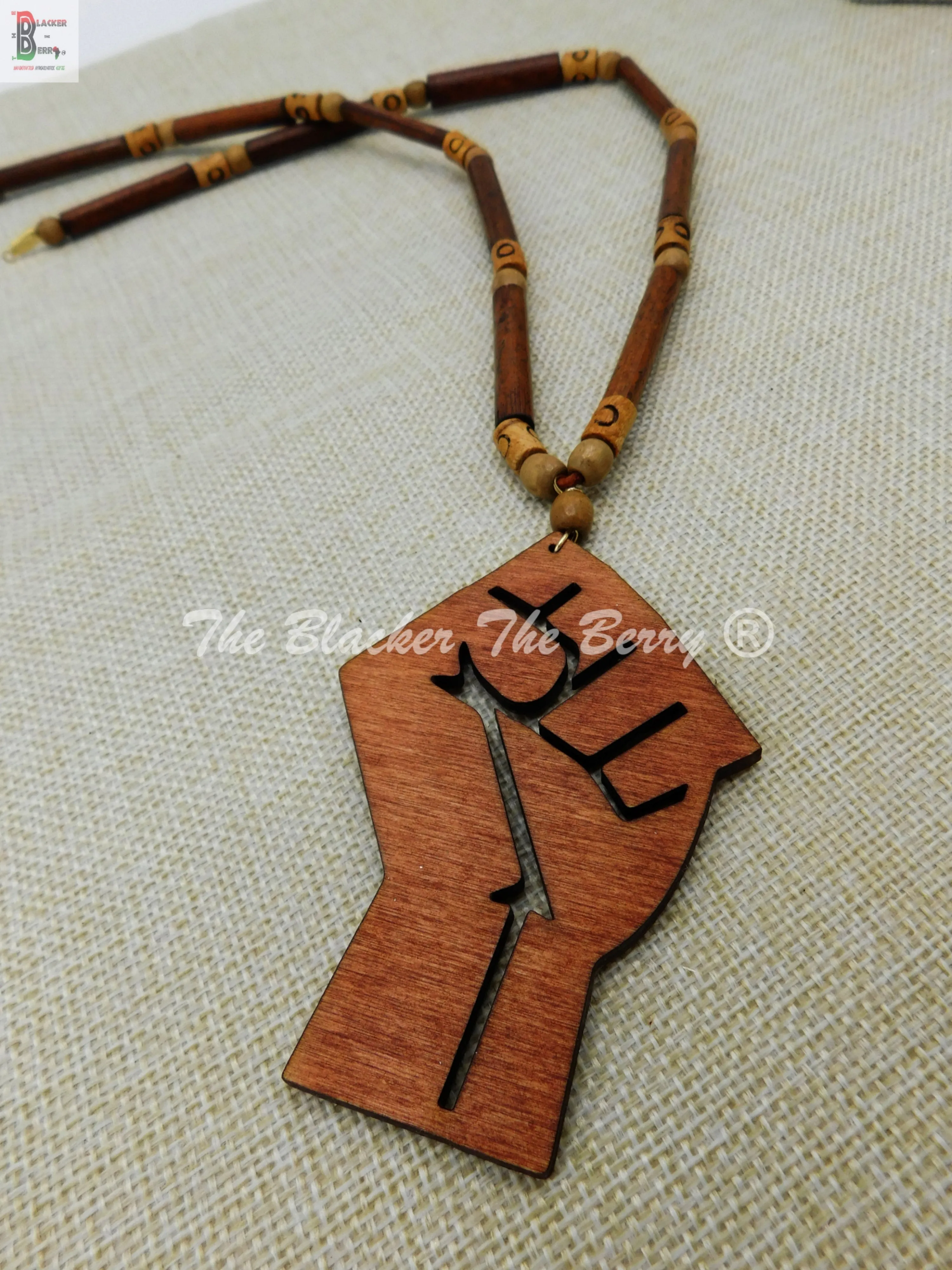 Black Power Necklace Empowerment Fist Up Raised Large Wooden Beaded Jewelry