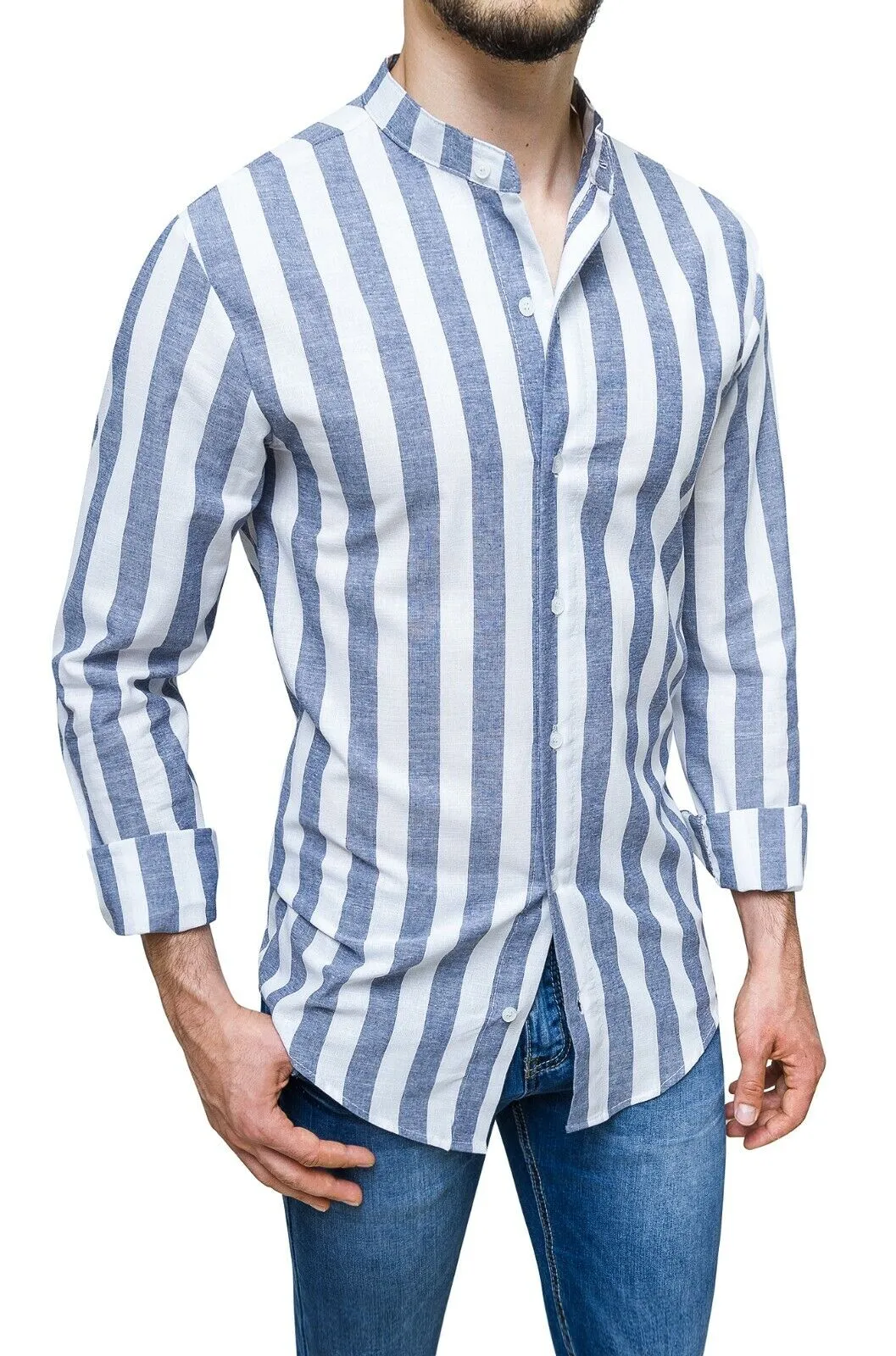 Camicia di lino uomo Sartoriale blu a righe casual elegante 100% made in Italy