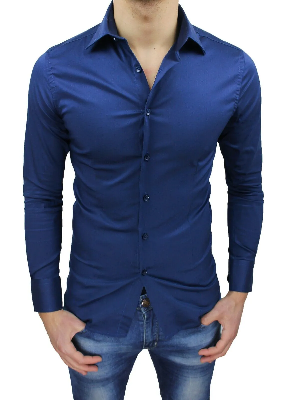 Camicia uomo Sartoriale blu indaco elegante casual in cotone tag S M L XL XXL