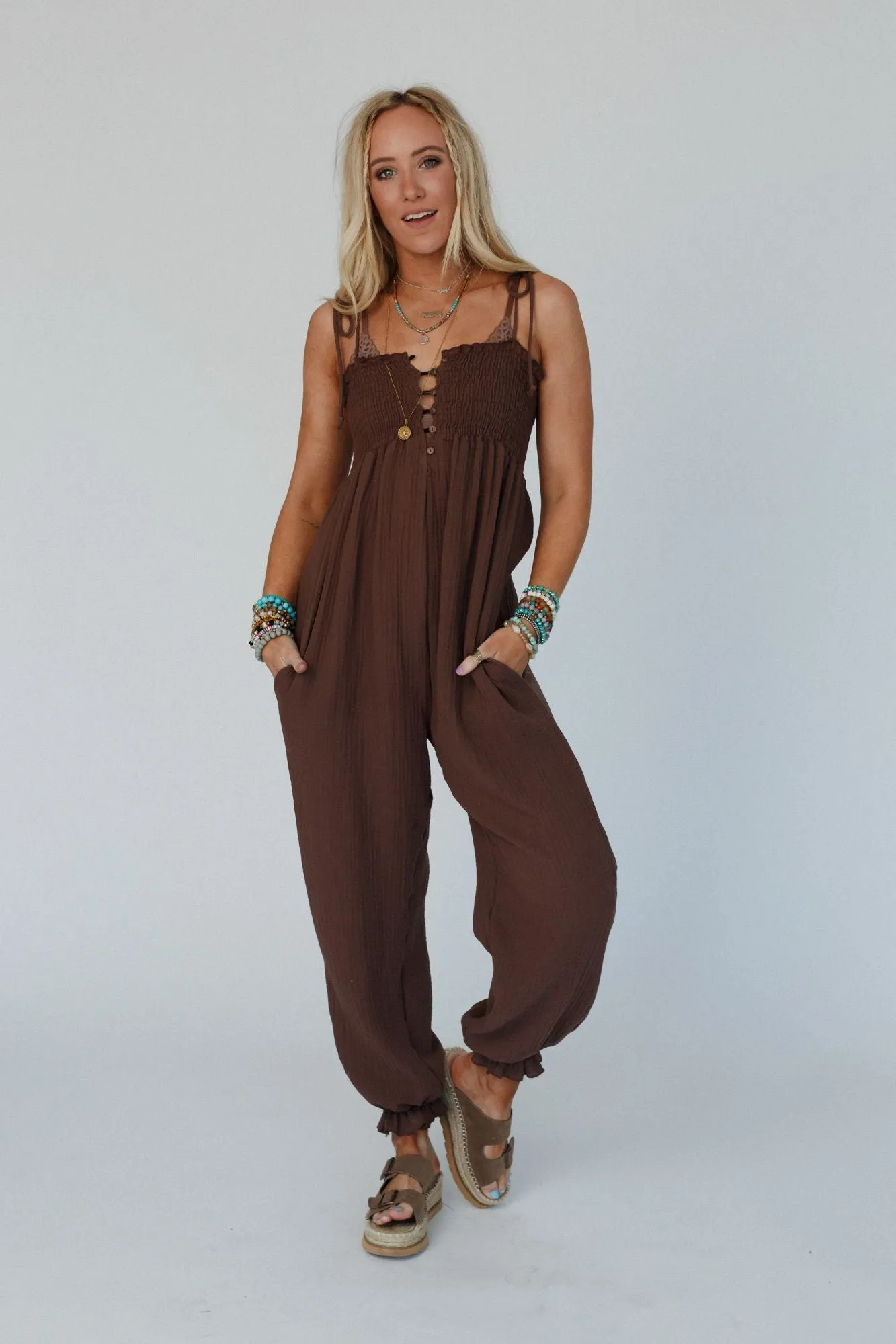 Casual Allure Smocked Jumpsuit - Brown