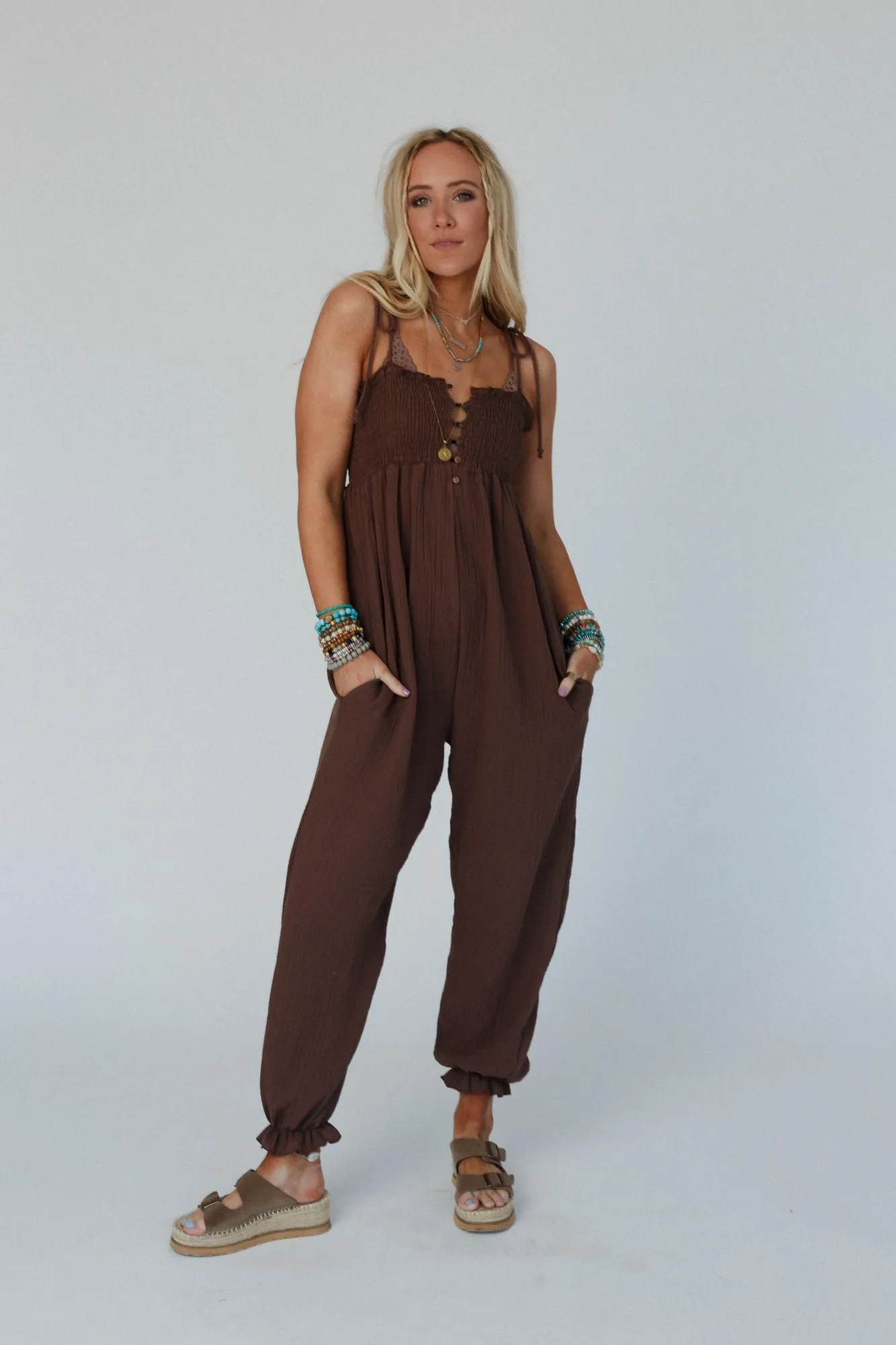 Casual Allure Smocked Jumpsuit - Brown