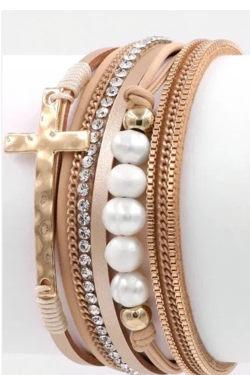 Cross and Pearl Multi-Layer Magnetic Bracelet