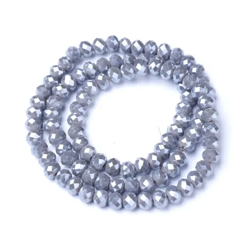 Crystal Glass Beads, Electroplated, Rondelle, Faceted, Pearl Luster, Grey, 4mm