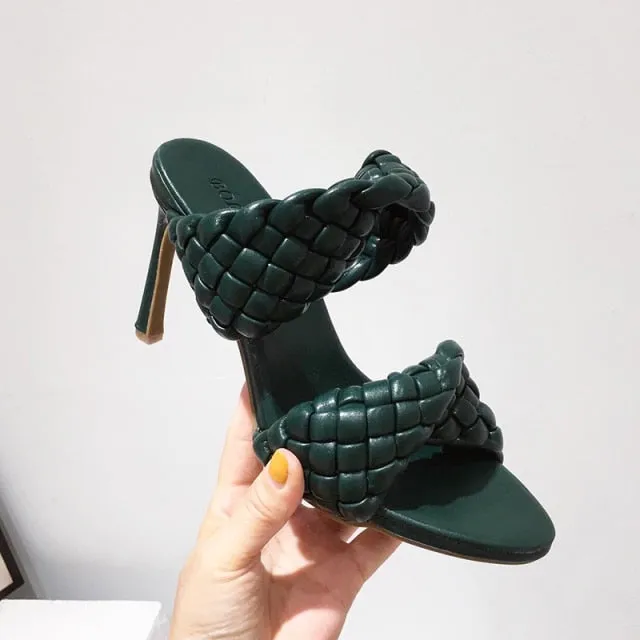 Dark Green Weave Synthetic Leather Pointed Toe High Heel Pumps for Women