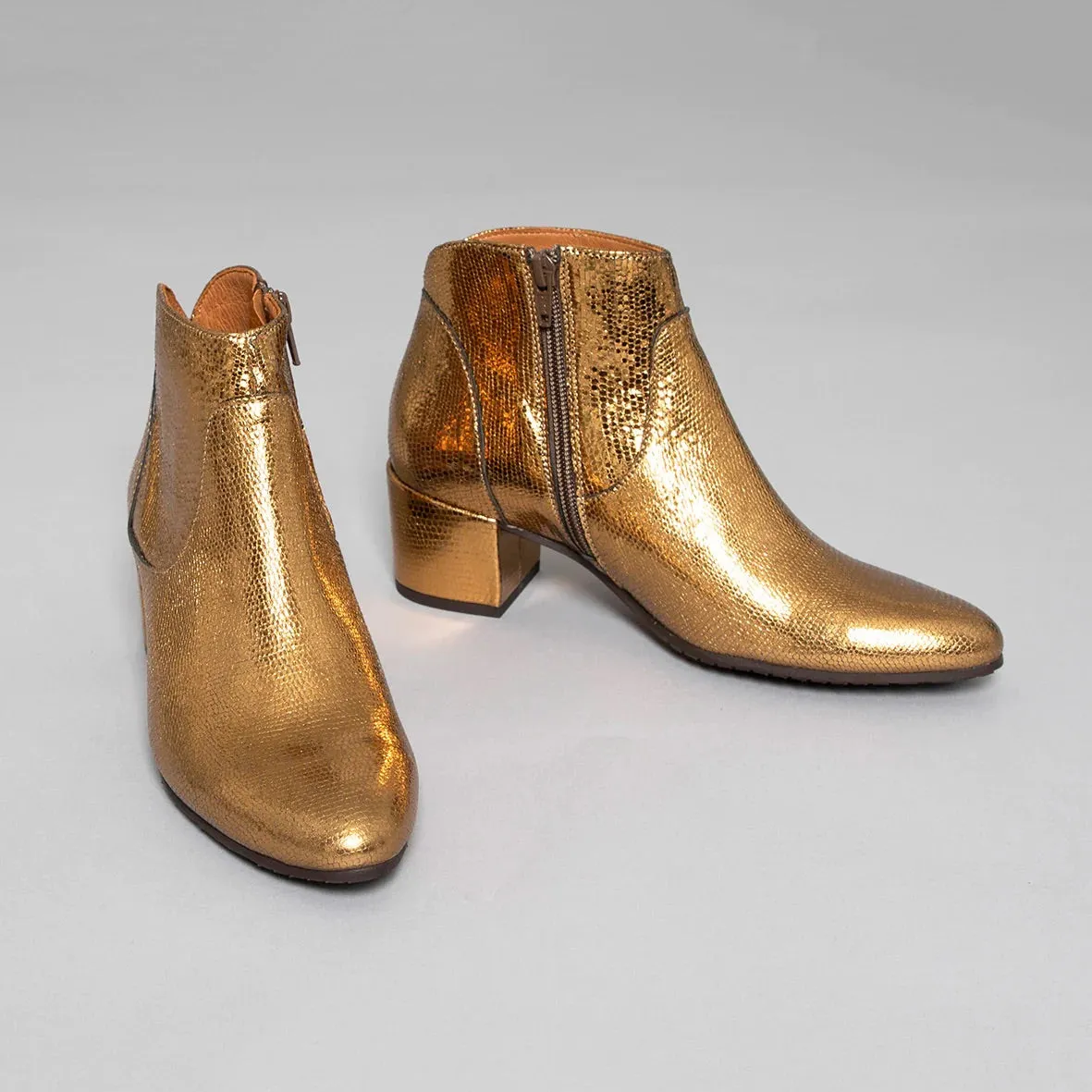 Esska Kiana Leather Gold Block Heel Ankle Boot