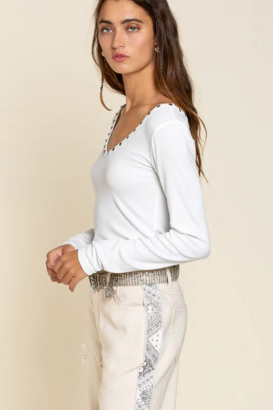 Everyday Casual Studded Ribbed V-Neck Top