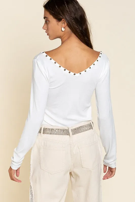 Everyday Casual Studded Ribbed V-Neck Top