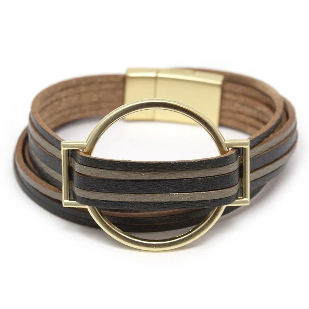 Five String Leather Wrap Bracelet with Gold Accent Black/Green1