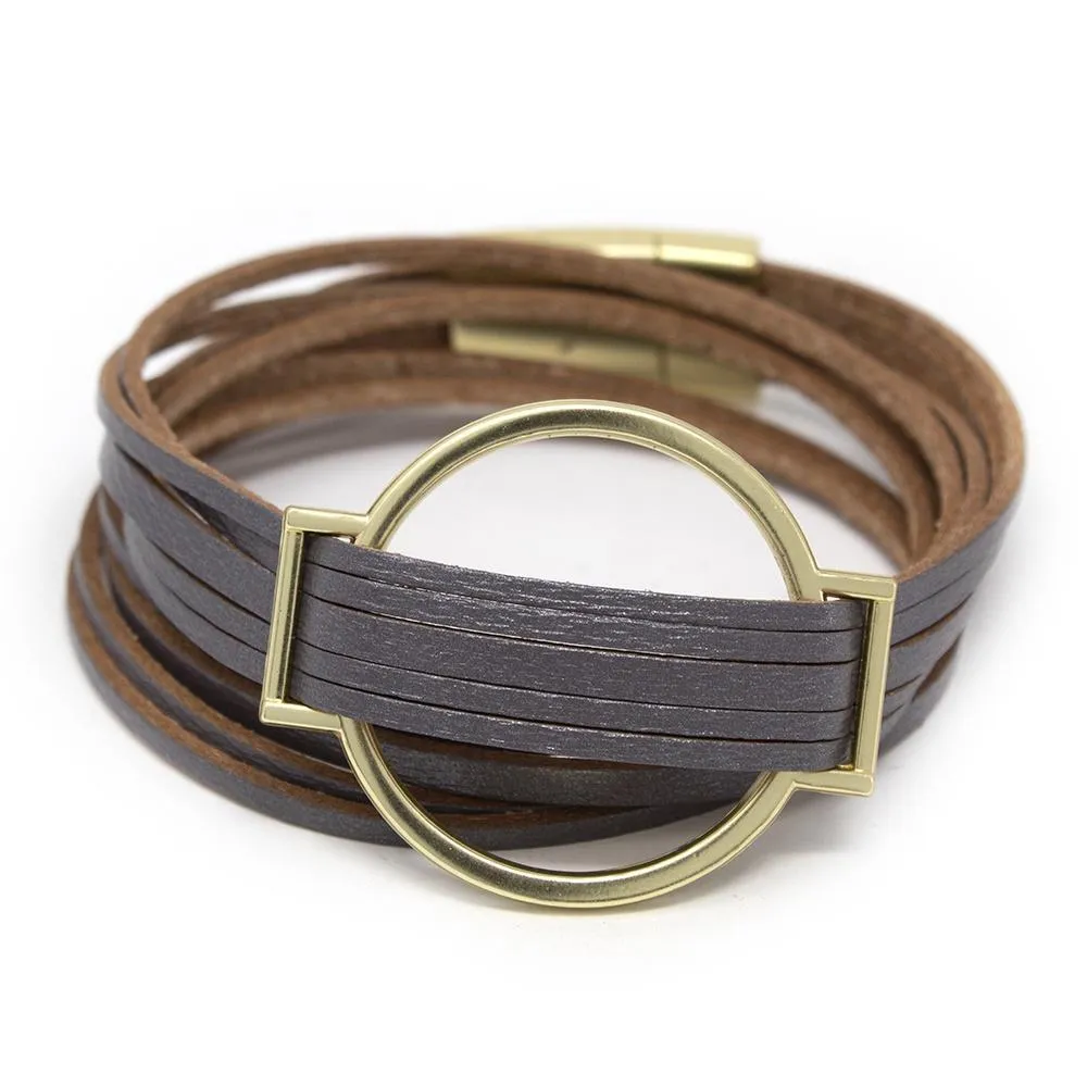 Five String Leather Wrap Bracelet with Gold Accent Grey