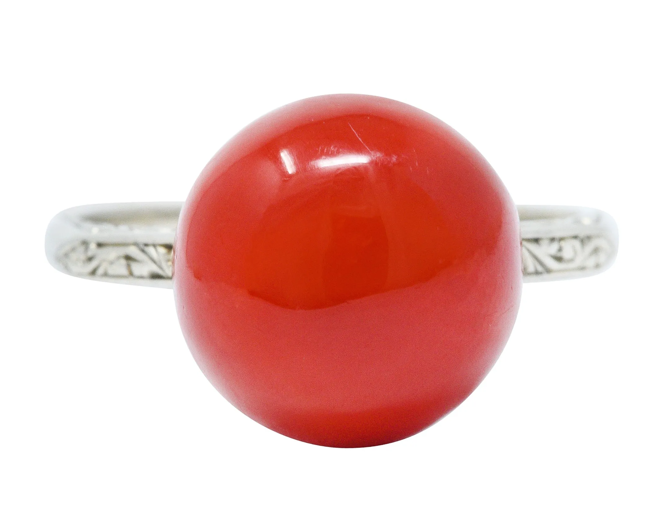 French 1920's Art Deco Carved Coral 18 Karat White Gold Ball Ring