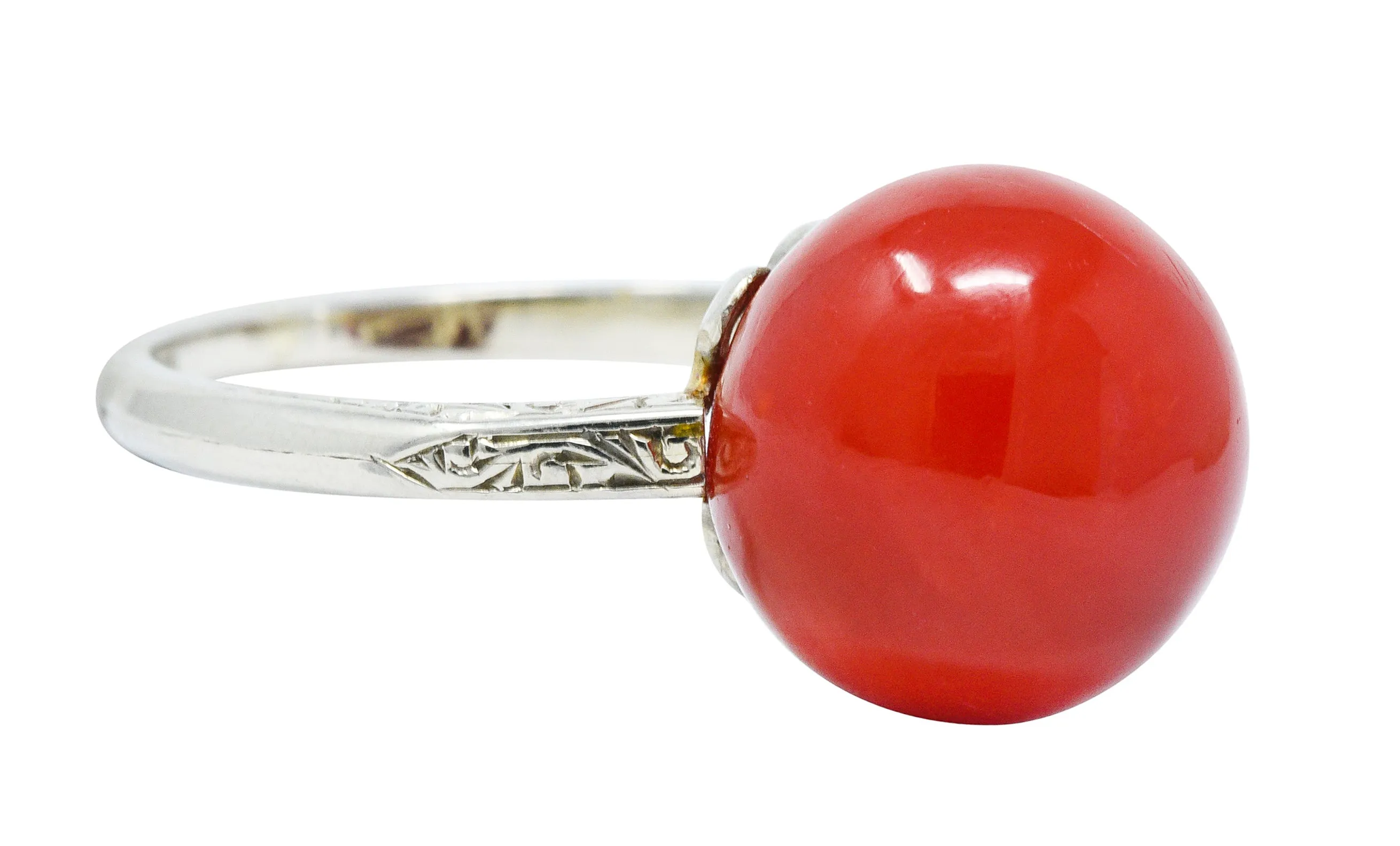 French 1920's Art Deco Carved Coral 18 Karat White Gold Ball Ring