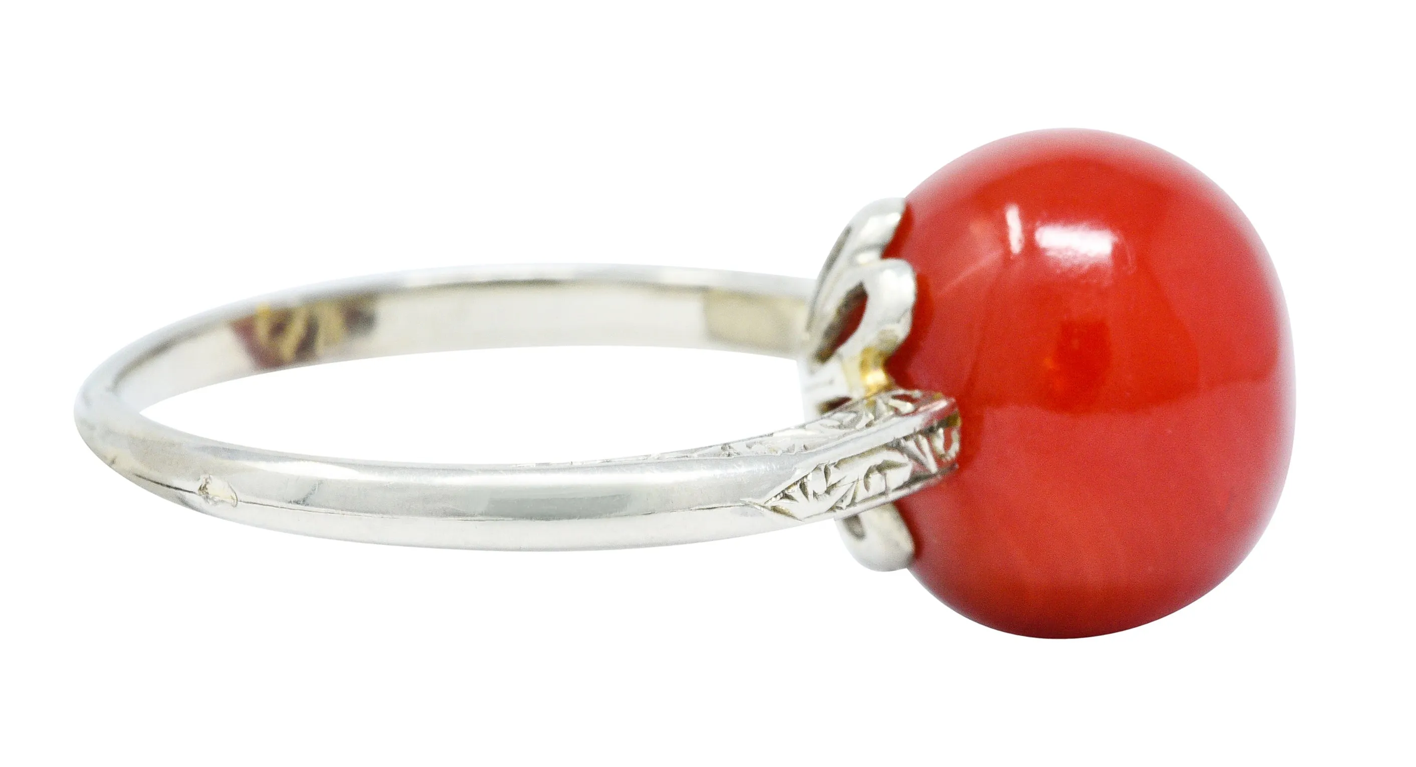 French 1920's Art Deco Carved Coral 18 Karat White Gold Ball Ring