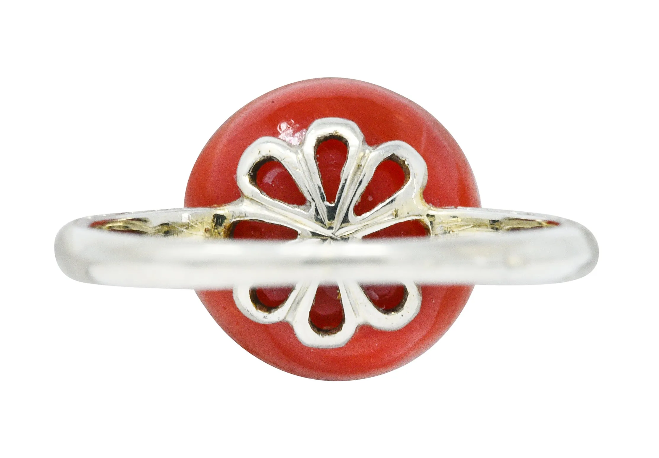 French 1920's Art Deco Carved Coral 18 Karat White Gold Ball Ring