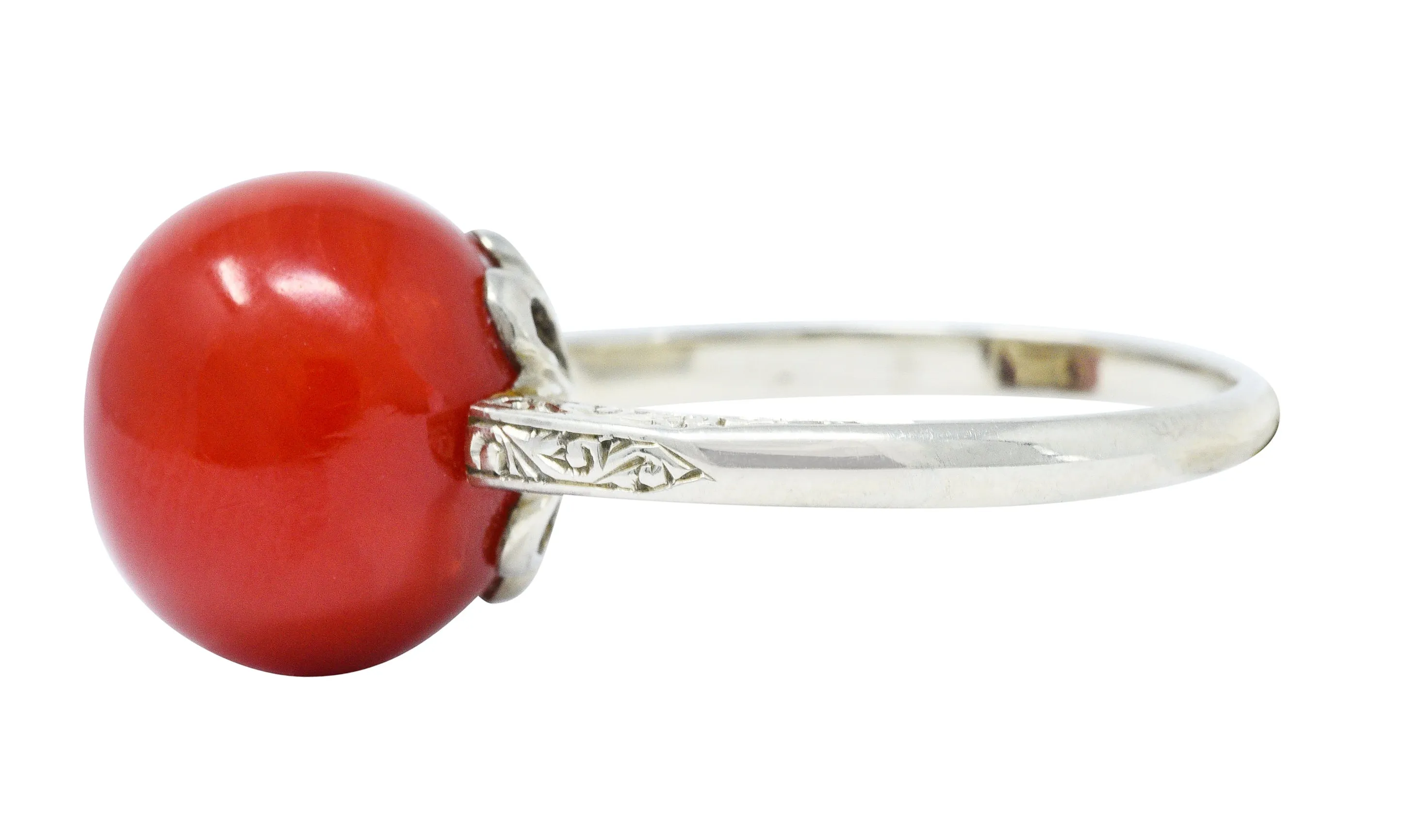 French 1920's Art Deco Carved Coral 18 Karat White Gold Ball Ring