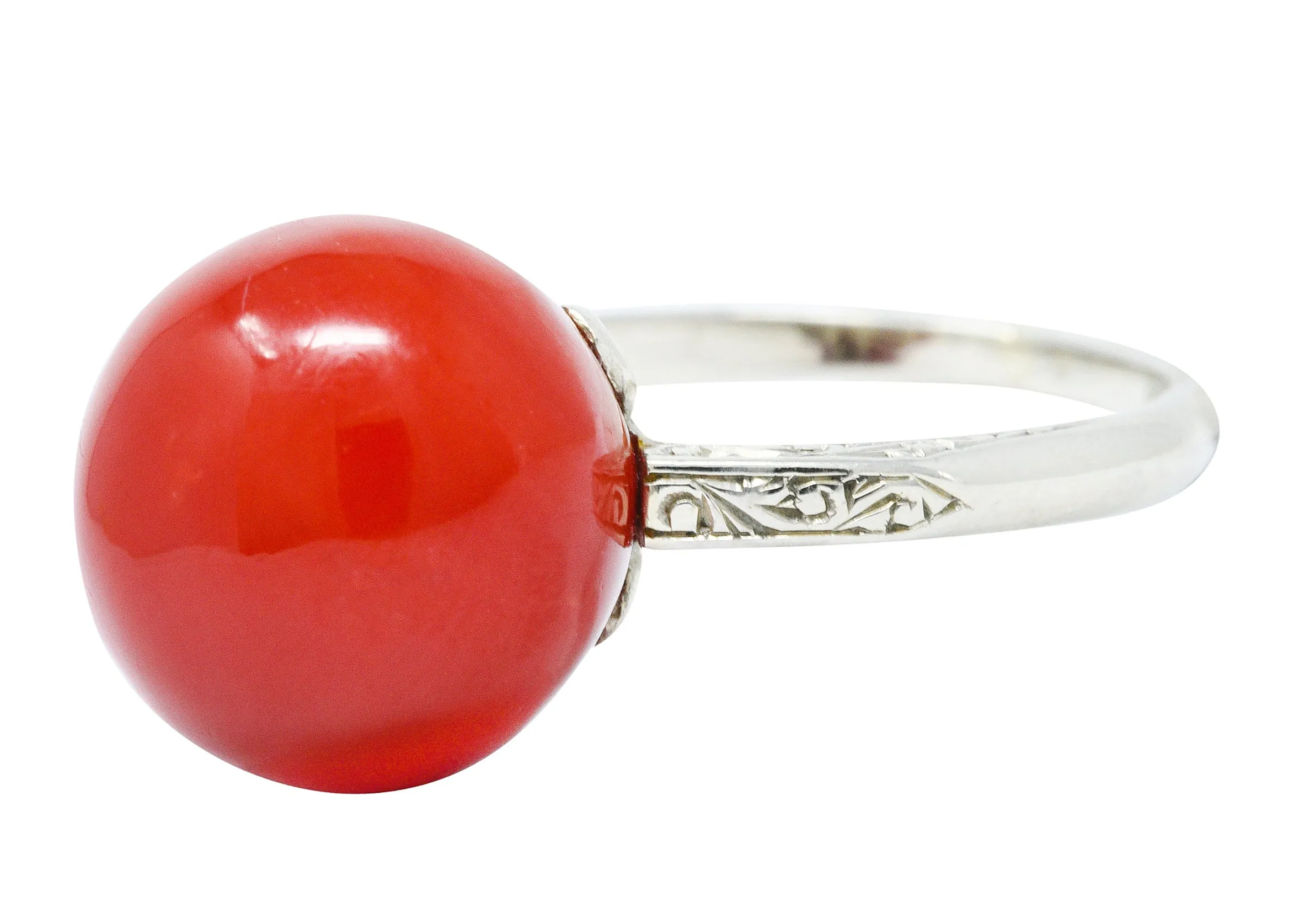 French 1920's Art Deco Carved Coral 18 Karat White Gold Ball Ring