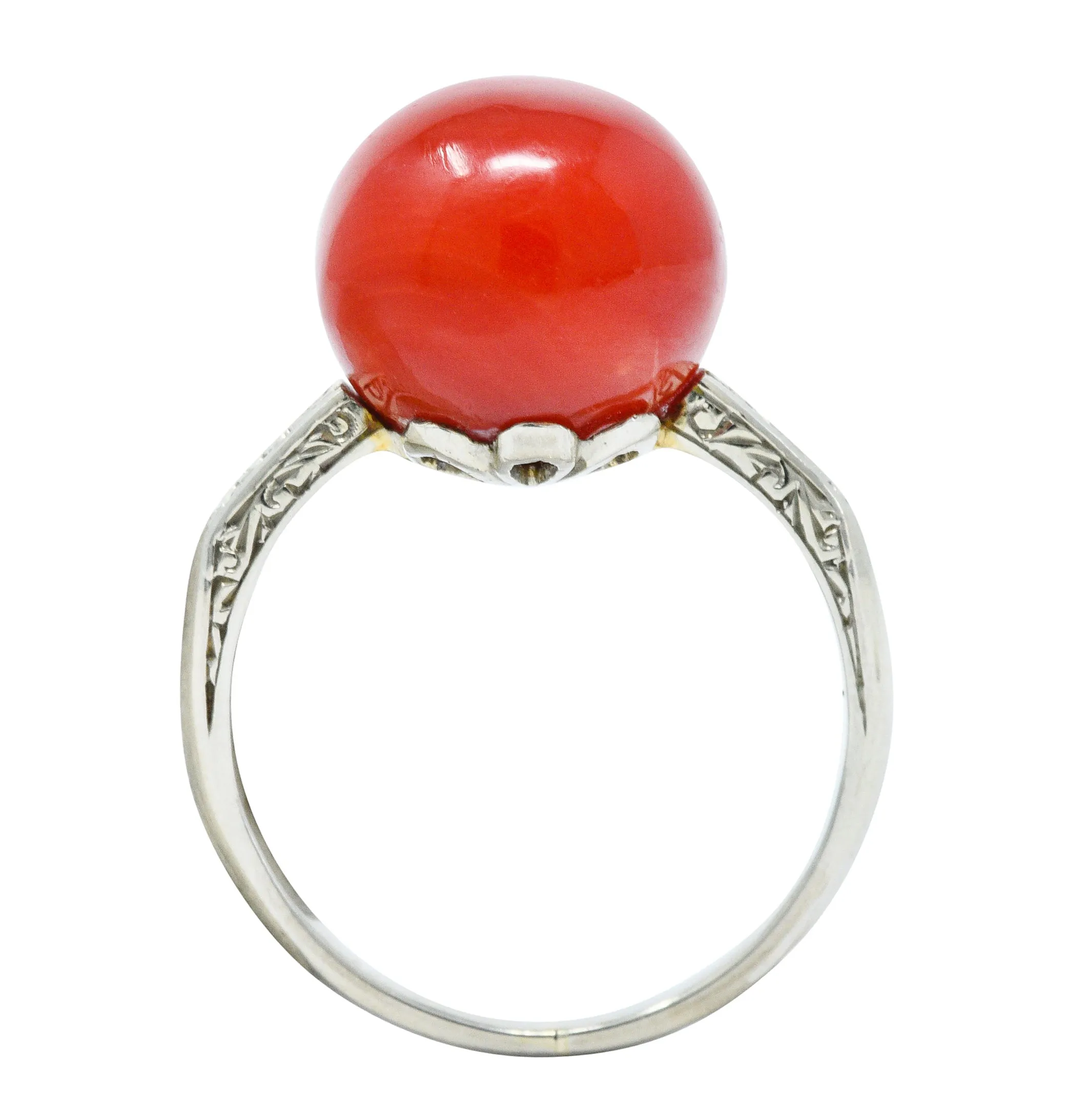 French 1920's Art Deco Carved Coral 18 Karat White Gold Ball Ring