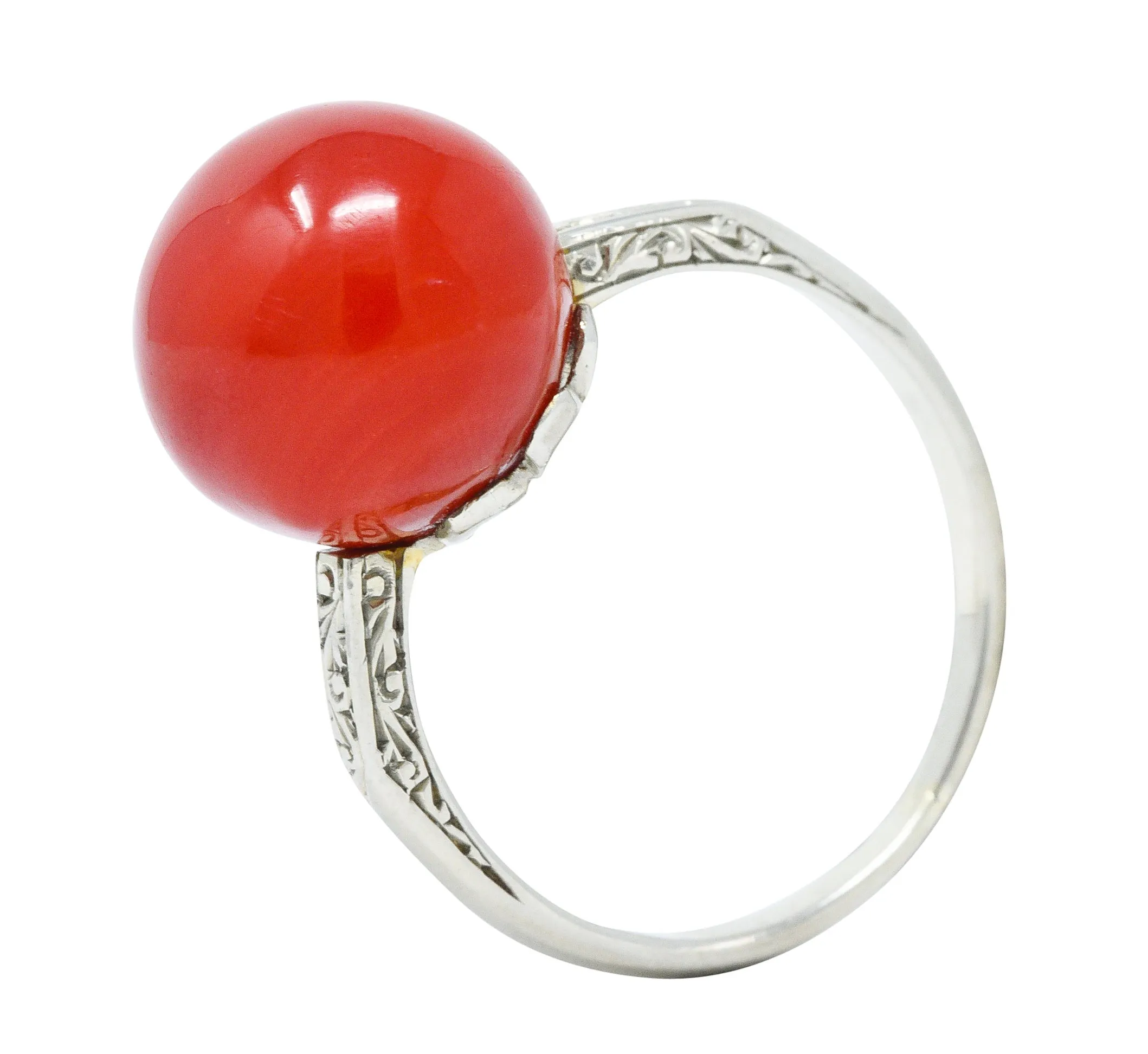 French 1920's Art Deco Carved Coral 18 Karat White Gold Ball Ring