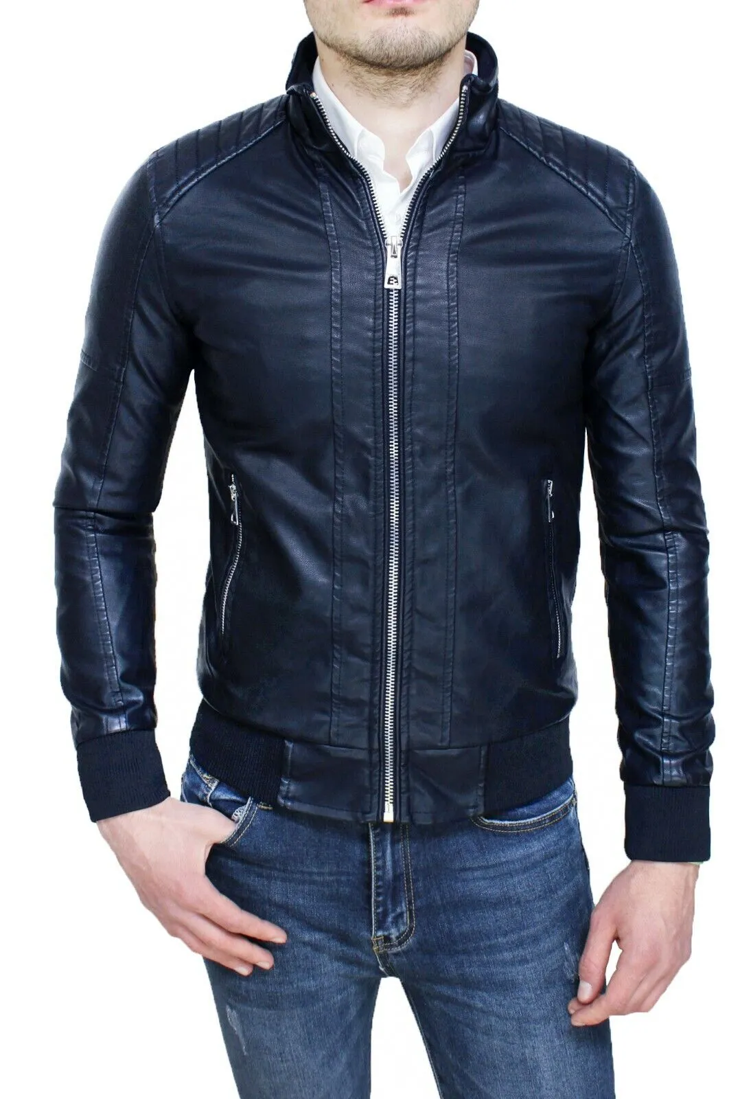 Giubbotto giacca uomo in ecopelle casual blu scuro giubbetto chiodo pelle moto