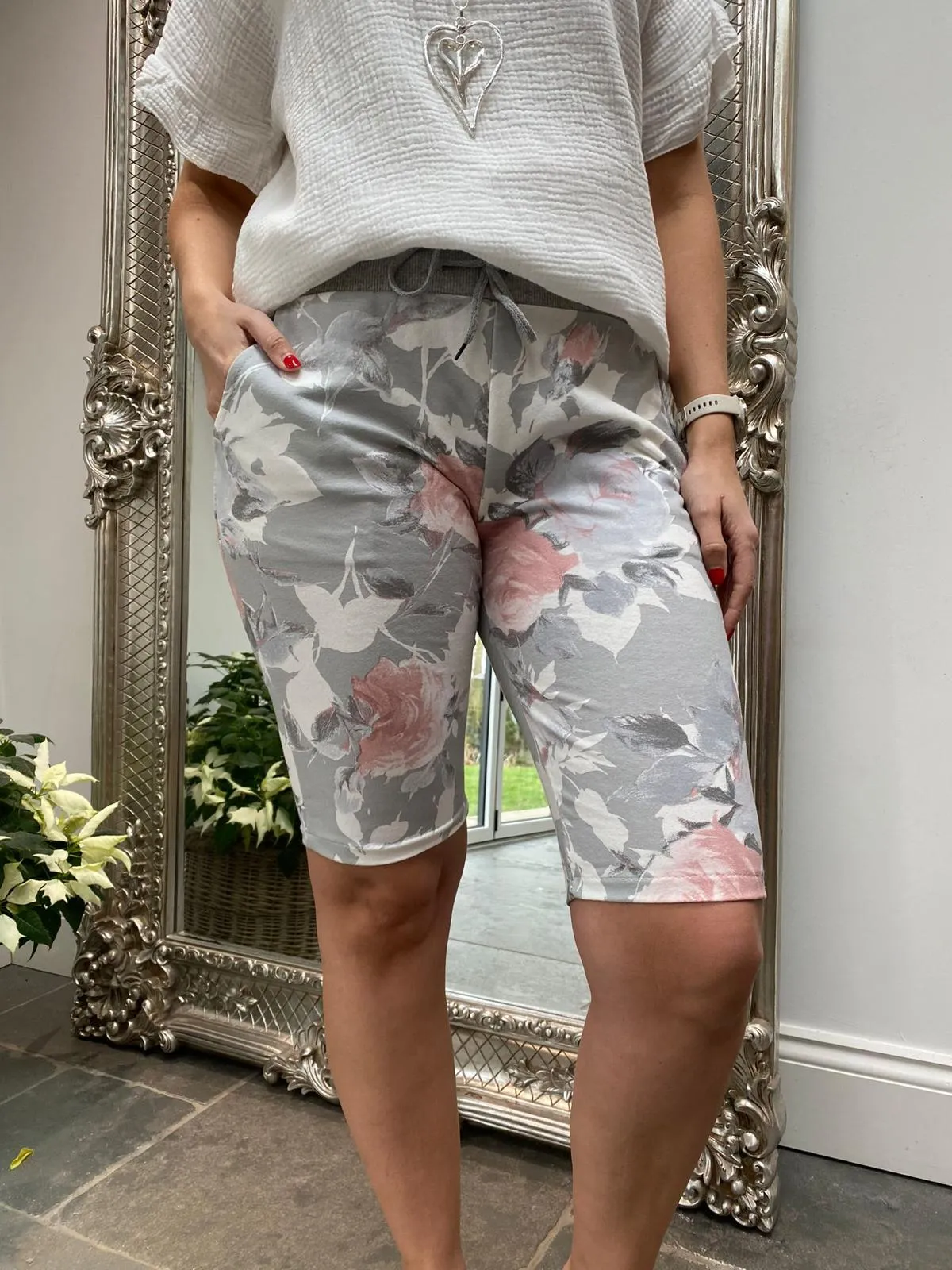 Grey Floral Jogger Shorts