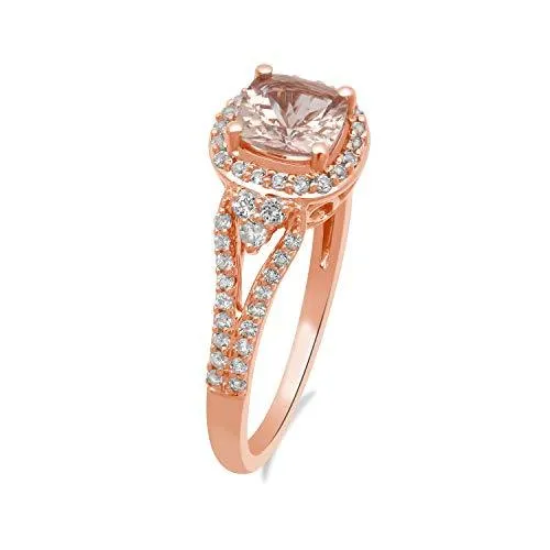 Jewelili 10K Rose Gold With Cushion Shape Morganite and Round White Topaz Ring