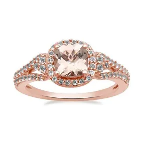 Jewelili 10K Rose Gold With Cushion Shape Morganite and Round White Topaz Ring