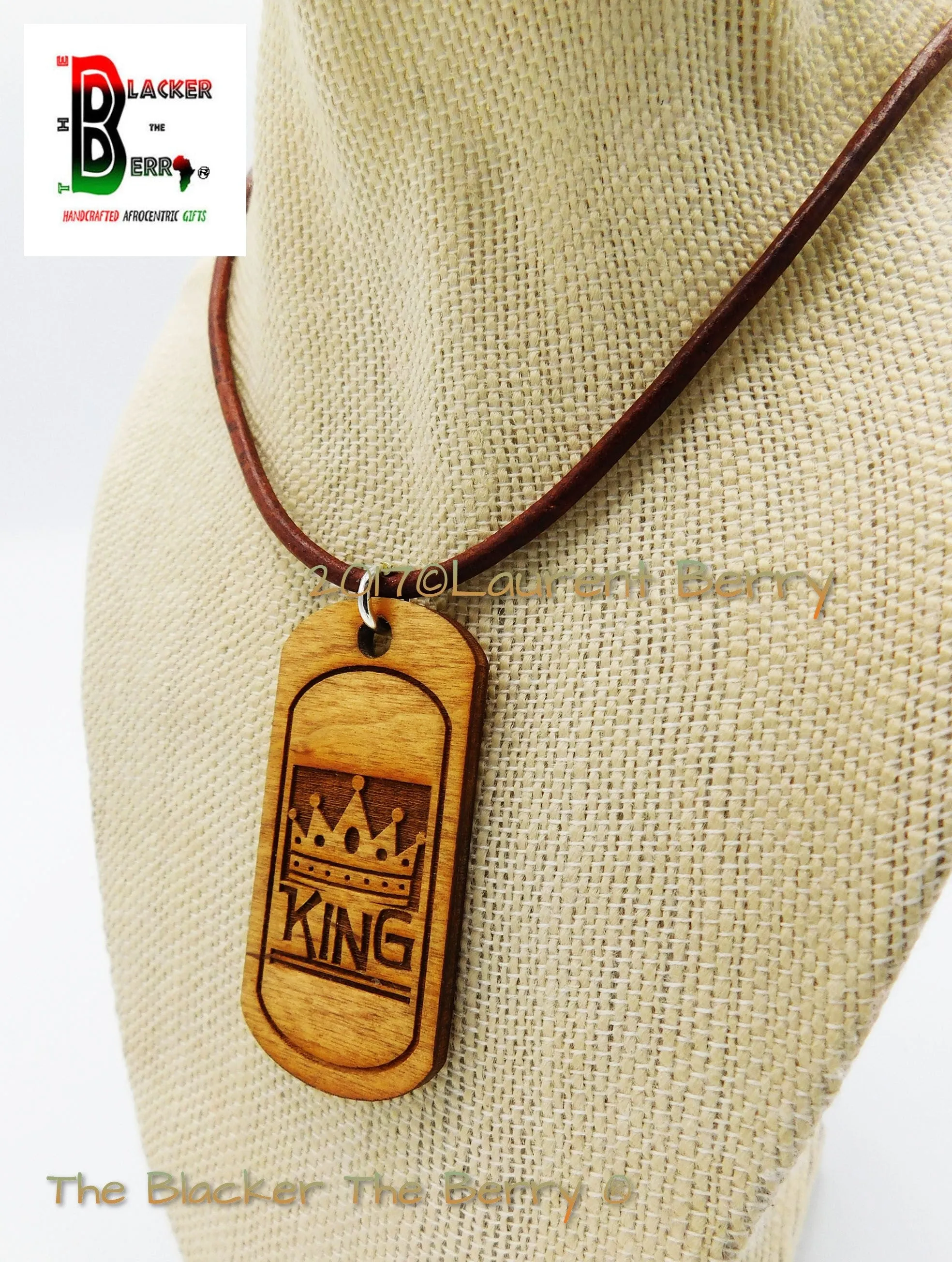 King Wooden Dog Tag Leather Necklace Jewelry Handmade