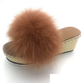 Luxury Summer Real Fox Fur Slide Wedges House Slippers for Women