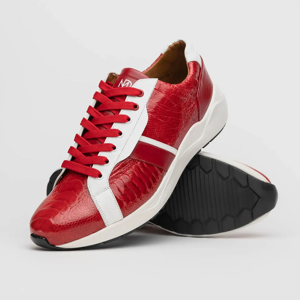 Marco Di Milano Lyon Men's Shoes Red & White Calf-Skin / Ostrich Casual Sneakers (MDM1072)