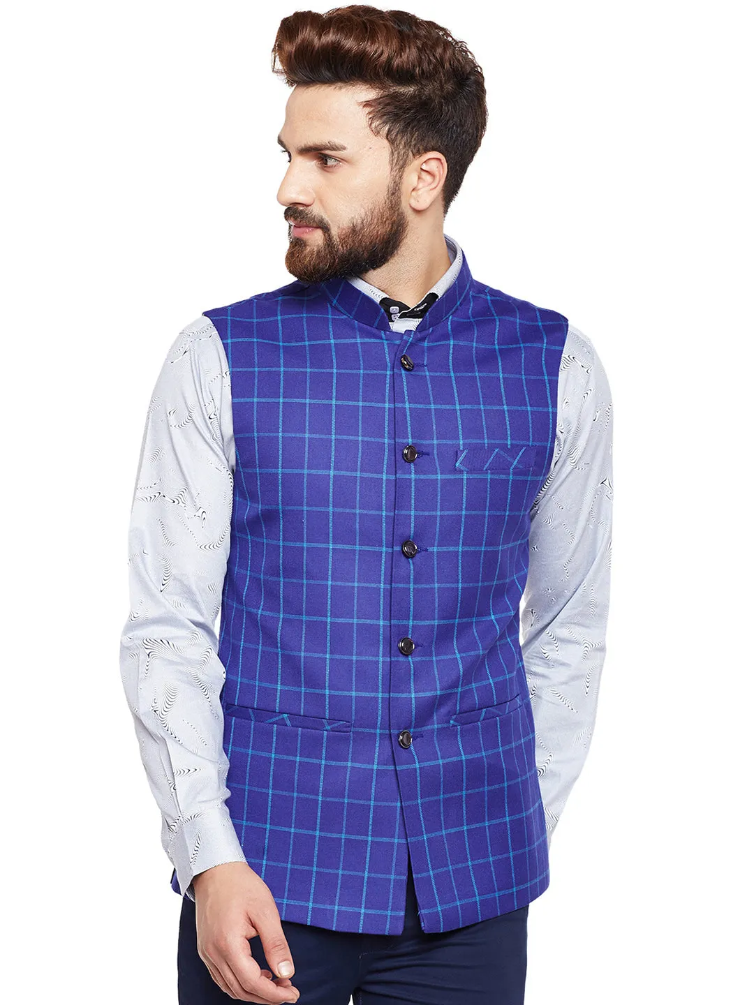 Men Blue Checked Slim Fit Casual Nehru Jacket