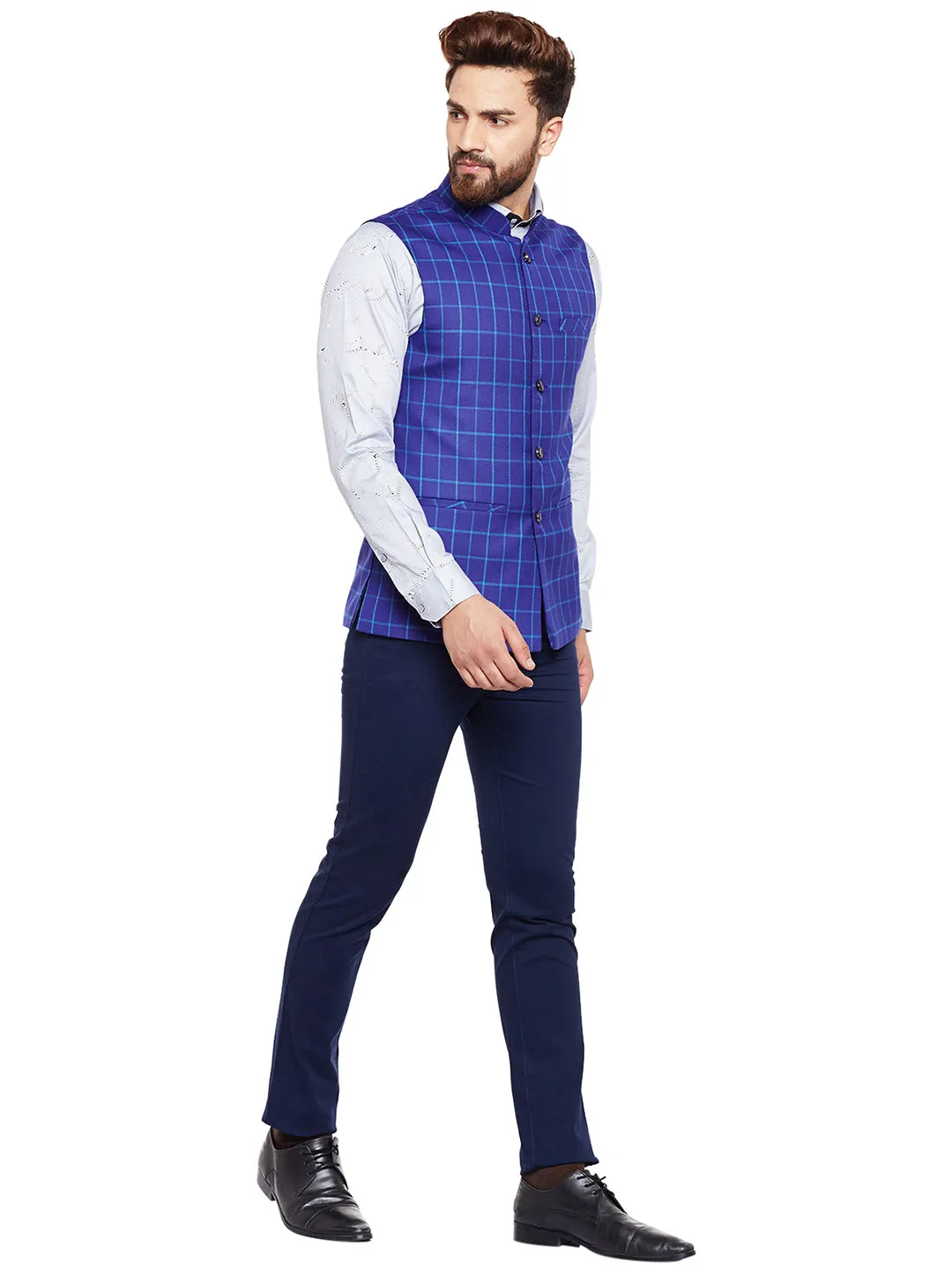 Men Blue Checked Slim Fit Casual Nehru Jacket