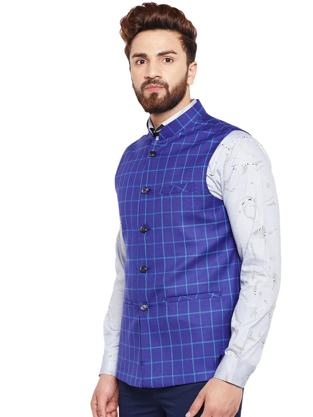 Men Blue Checked Slim Fit Casual Nehru Jacket