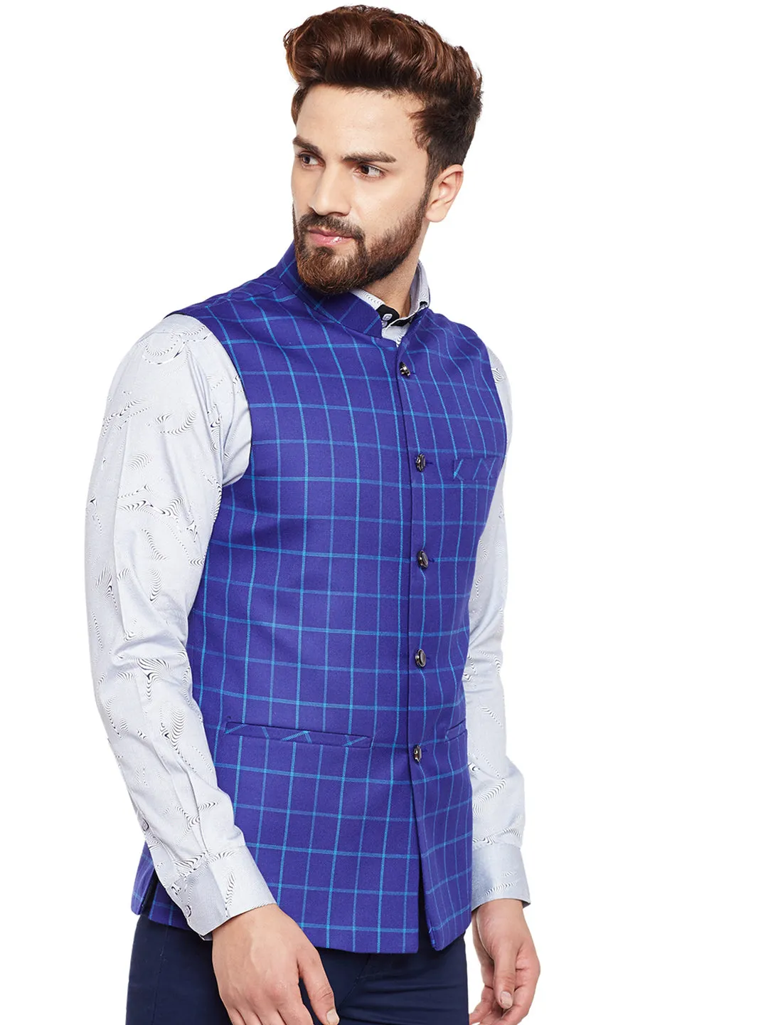 Men Blue Checked Slim Fit Casual Nehru Jacket