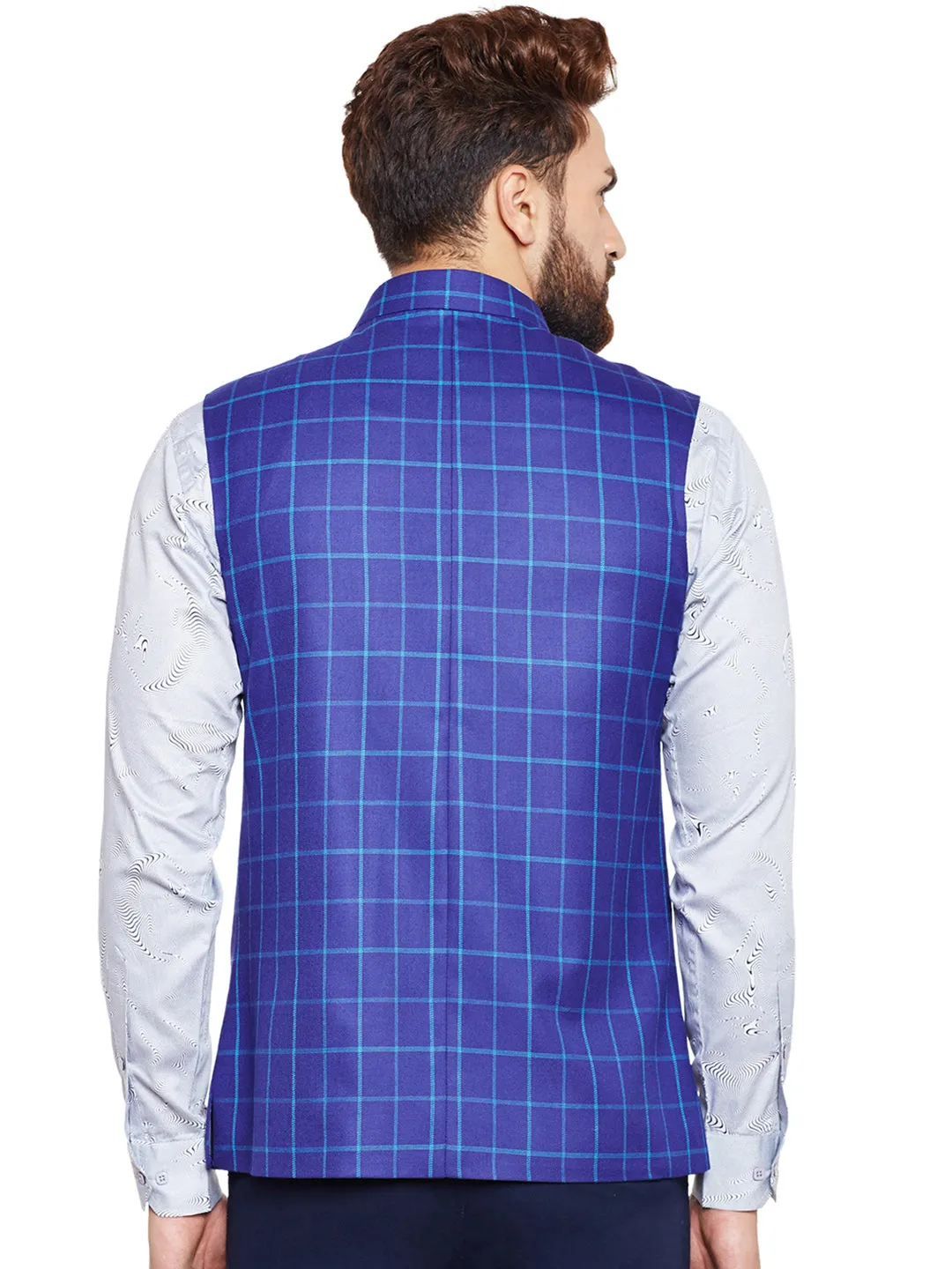 Men Blue Checked Slim Fit Casual Nehru Jacket